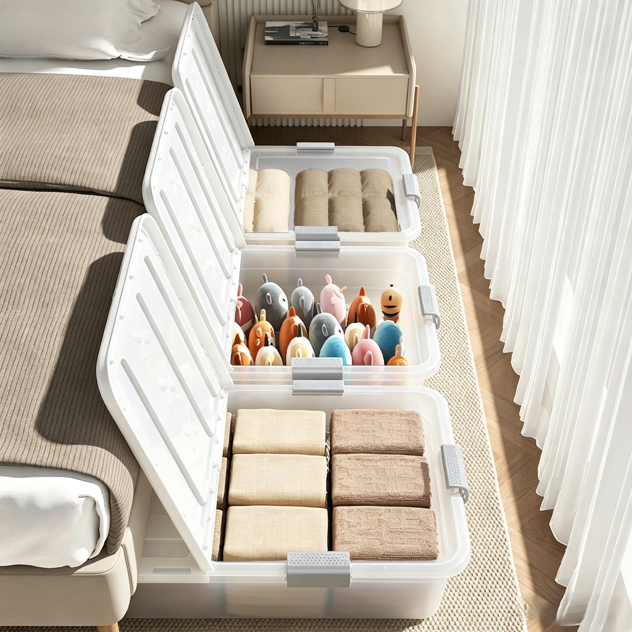 3 Stück Unterbett-Aufbewahrungsbehälter mit Rollen, transparenter Kunststoff-Unterbett-Aufbewahrungsbehälter mit Deckel, faltbarer Roll-Organizer, doppelseitige Öffnung, staubdichte Aufbewahrungsbox