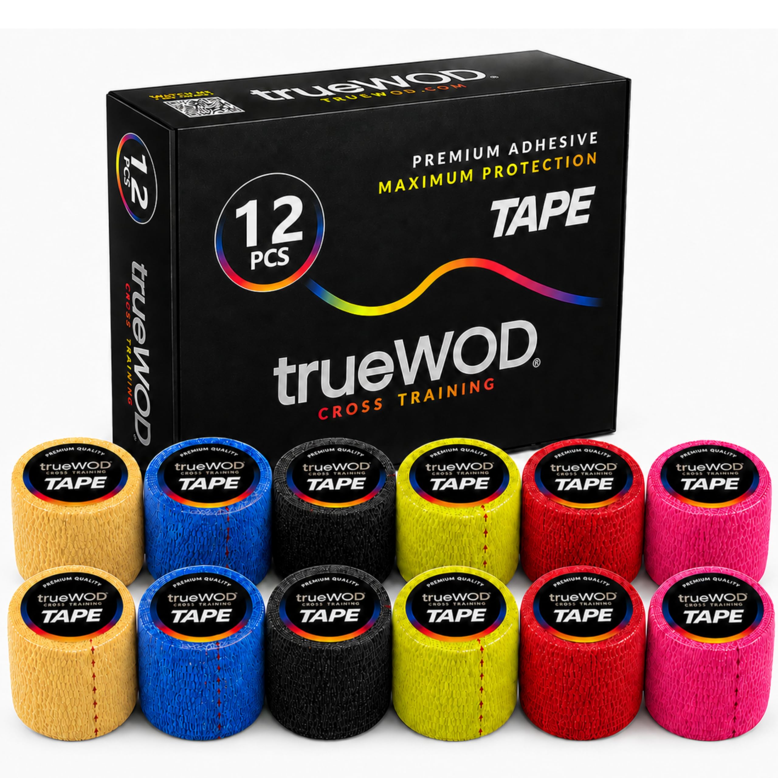 trueWOD Tape Crossfit Dedos Cinta Adhesiva Flexible Hook Grip Tape Athletic Esparadrapo Deportivo Accesorios Crossfit Mujer Hombre Halterofilia - 12 Rollos de 4.5m x 5cm Multicolor