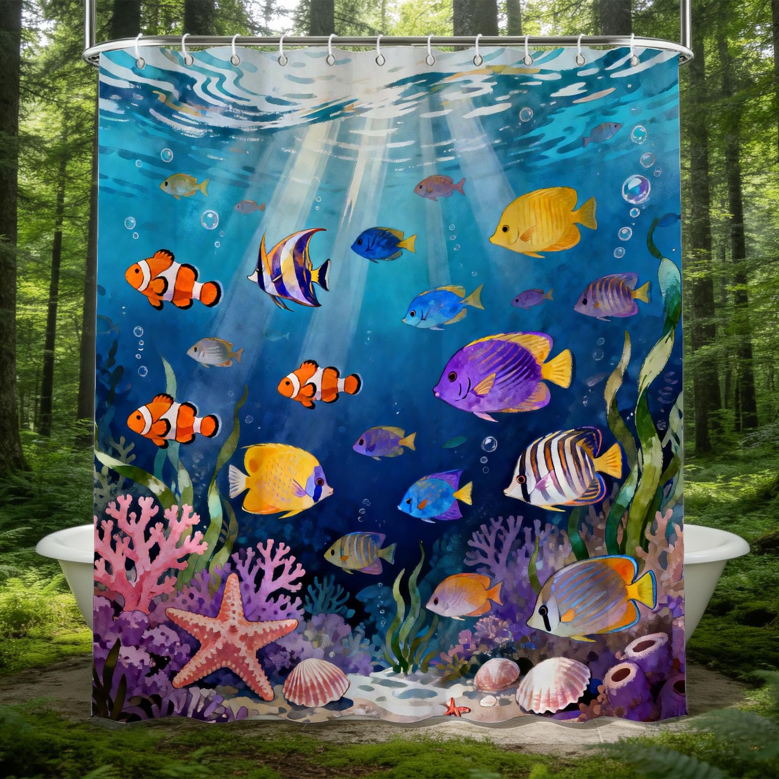 Hongduo 3D Tropical Fish Shower Curtain for Stalls Bathtubs Starfish Bathroom Decor Shower Curtain Set Polyester Fabric Waterproof 180x200cm/71X79 Inch with Hooks