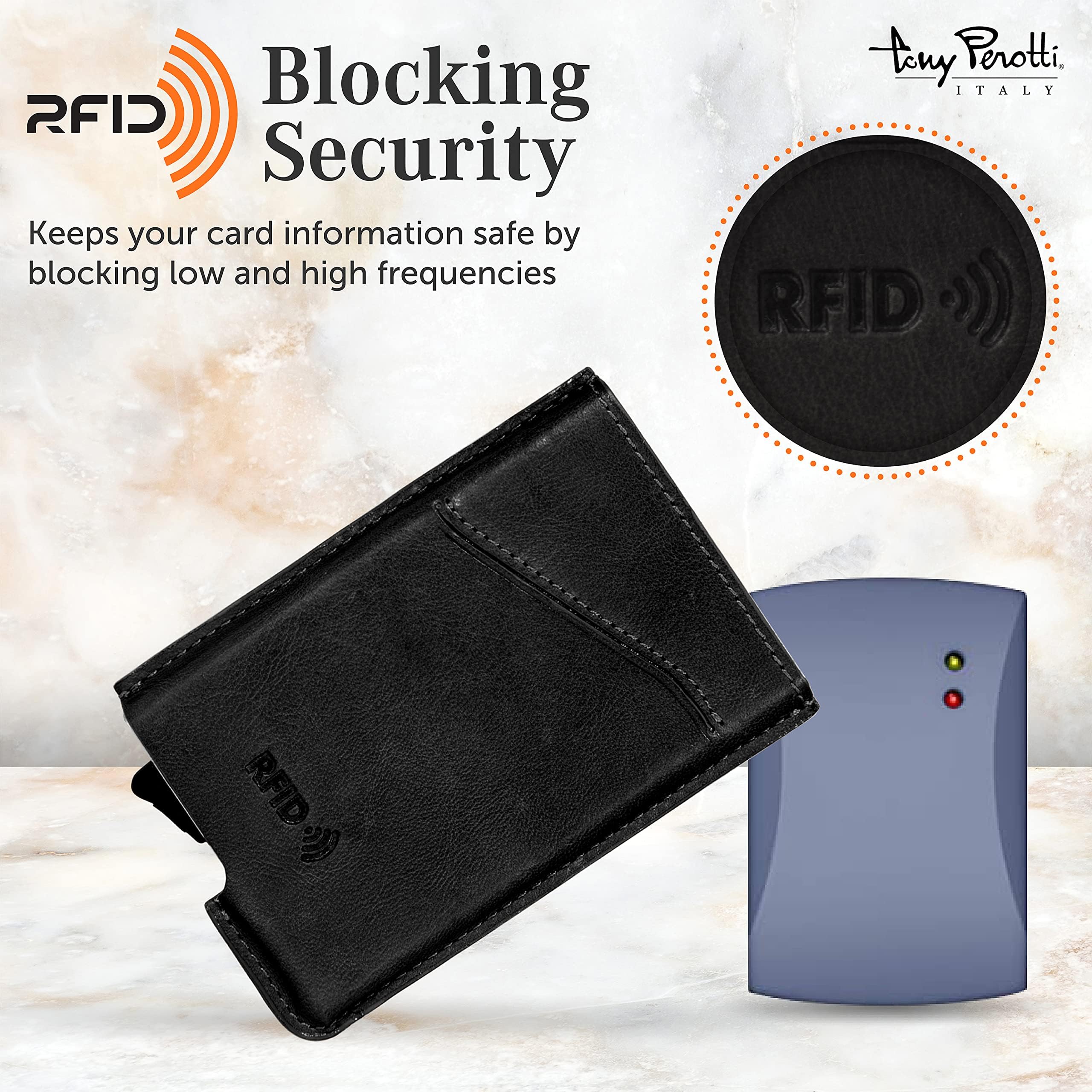 Tony Perotti Italienisches Leder Schnellzugriff Geldbörse für Herren - Ultra Slim RFID Geldbörse mit Pop-Up-Kartenschieber & Kartenhülle - Umweltfreundlich pflanzlich gegerbtes Vollnarbenleder