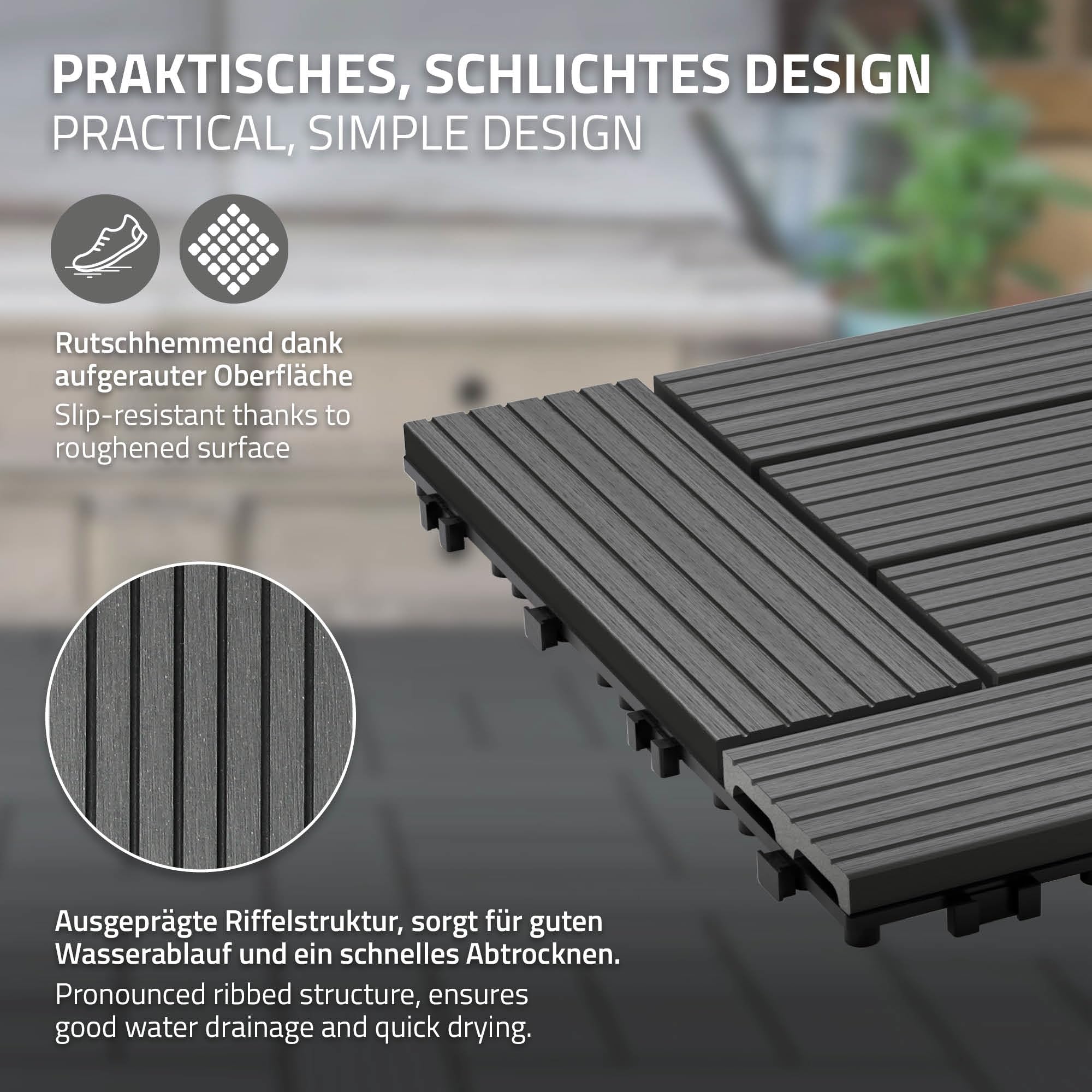ECD Germany Dalles Terrasse Clipsables WPC 30x30 cm/11 pièces=1m² Anthracite Mosaïque Aspect Bois Carreaux avec Système à Clic et Drainage Revêtement de Sol Carrelage Lames Patio Jardin Extérieur