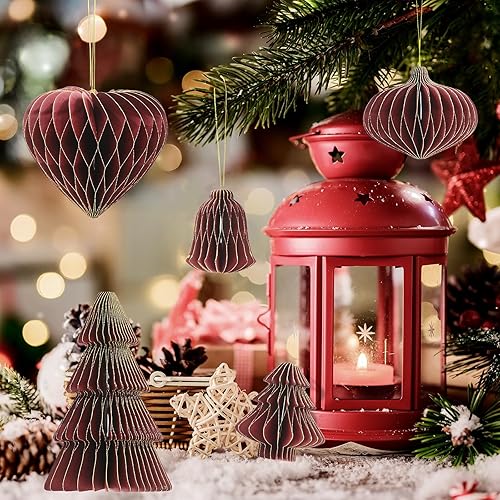 Miniatura 6 de 5 piezas de papel de panal de abeja rojo para decoración de Navidad, 3D con borde de purpurina en forma de corazón, adornos de árbol de Navidad,