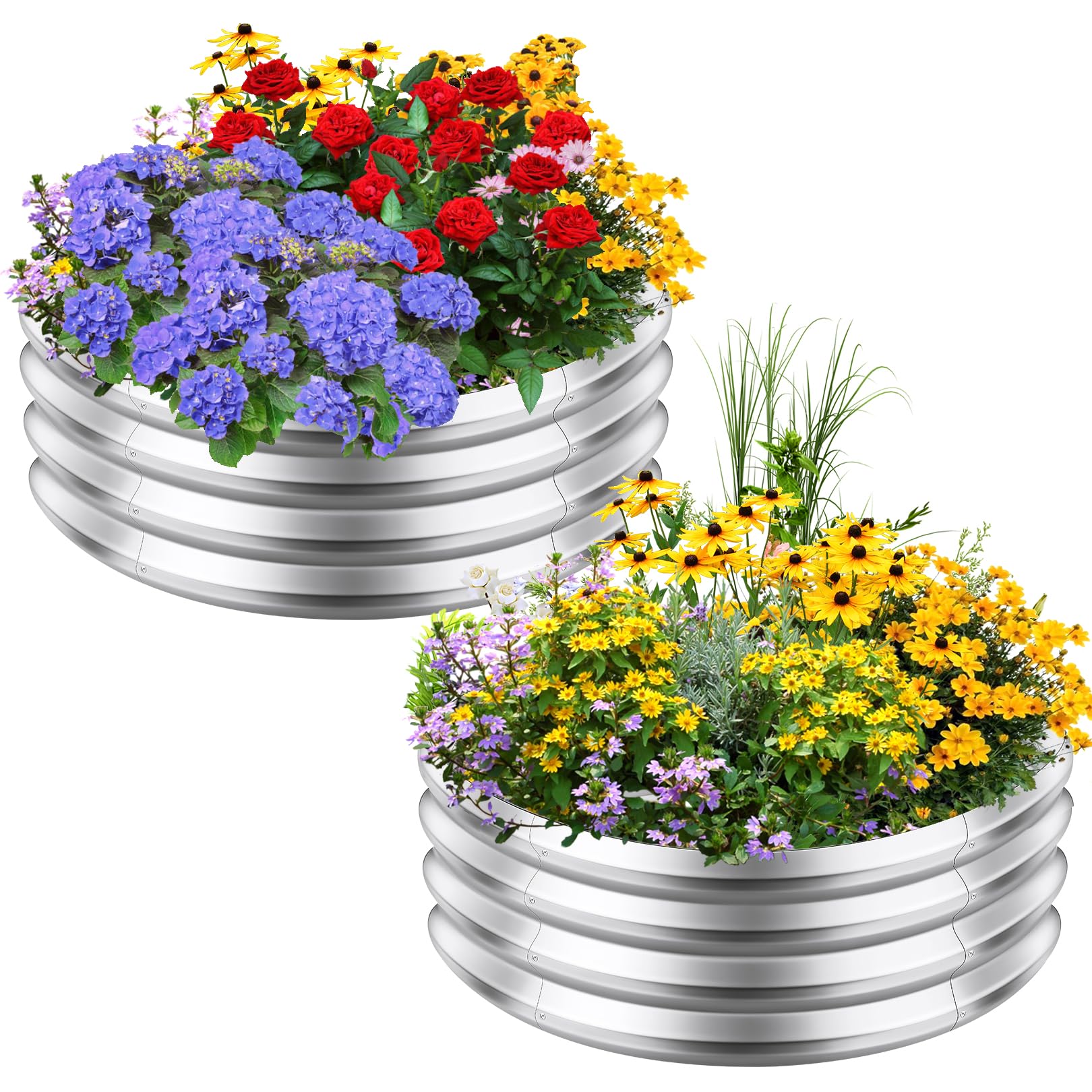 Homdox 2PCS Round Wave 3 * 3 * 1FT Galvanized Raised Garden Bed, Creative Outdoor Raised Garden Planter Box for Vegetable Flower Fruit, Universal Metal Garden Bed for Home Yard Garden Lawn, Sliver