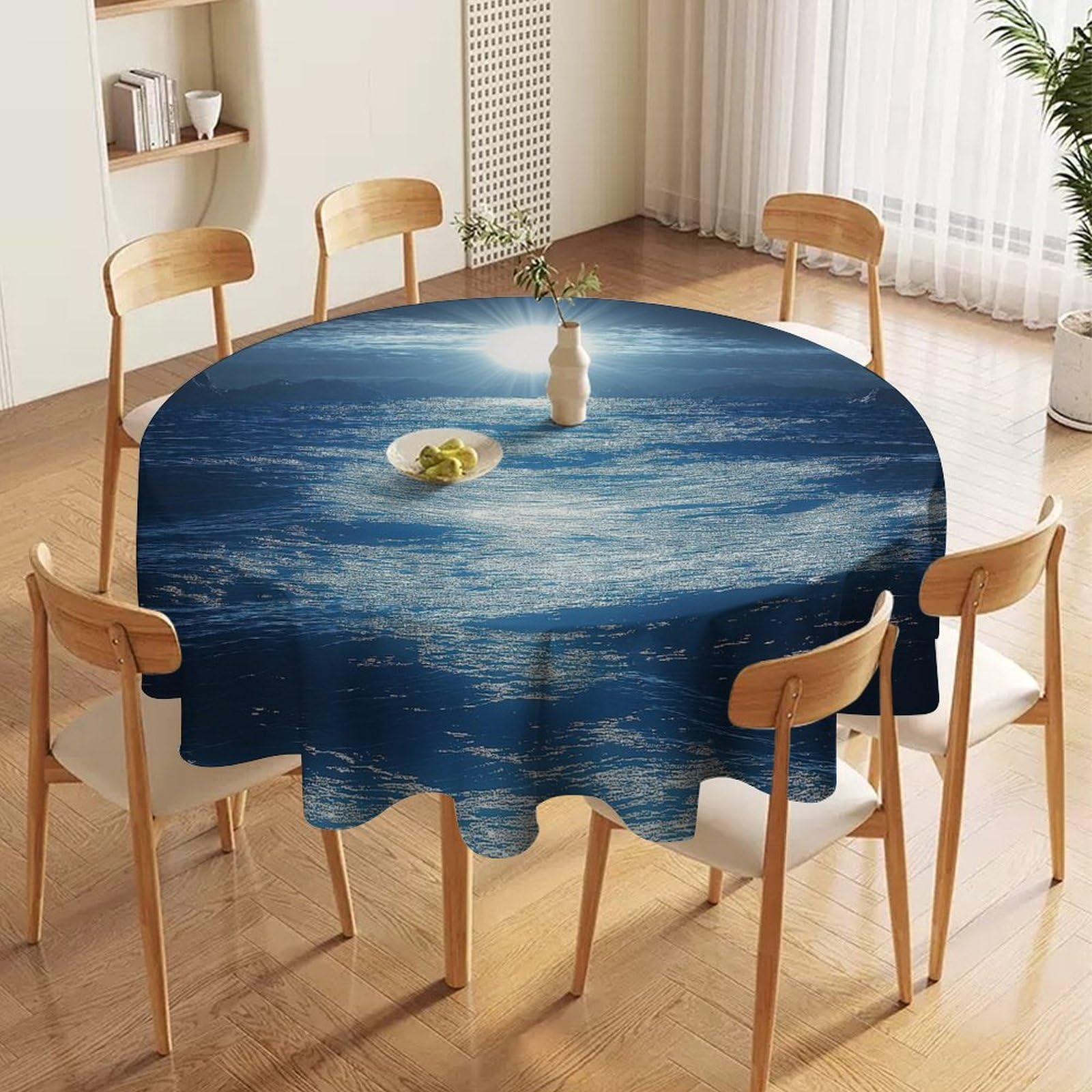 ORDOBO 3D Printed Tablecloth - Sea At Night Round Tablecloth Wipeable For Kitchen Dinner Picnic Party Home Fashion Print Table Cover Decoration 152X152Cm