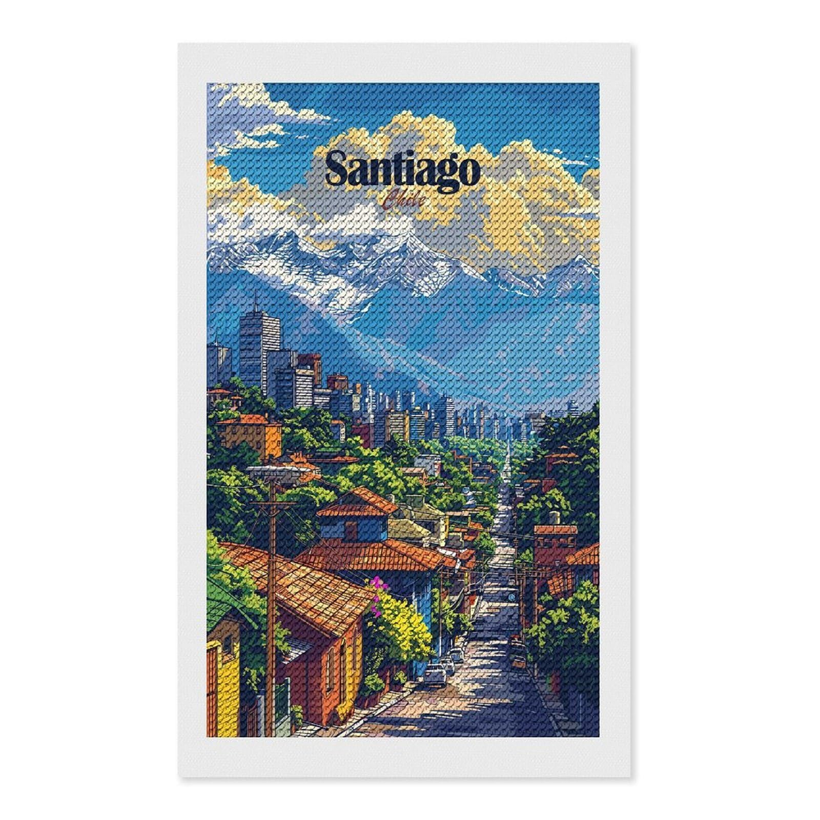 Junmoney Santiago Chile Cityscape Illustration Diamond Painting Set 12"x20", for Beginners, Modern Decor, Simple to Start, Gift Idea, Pleasing Wall Art Project
