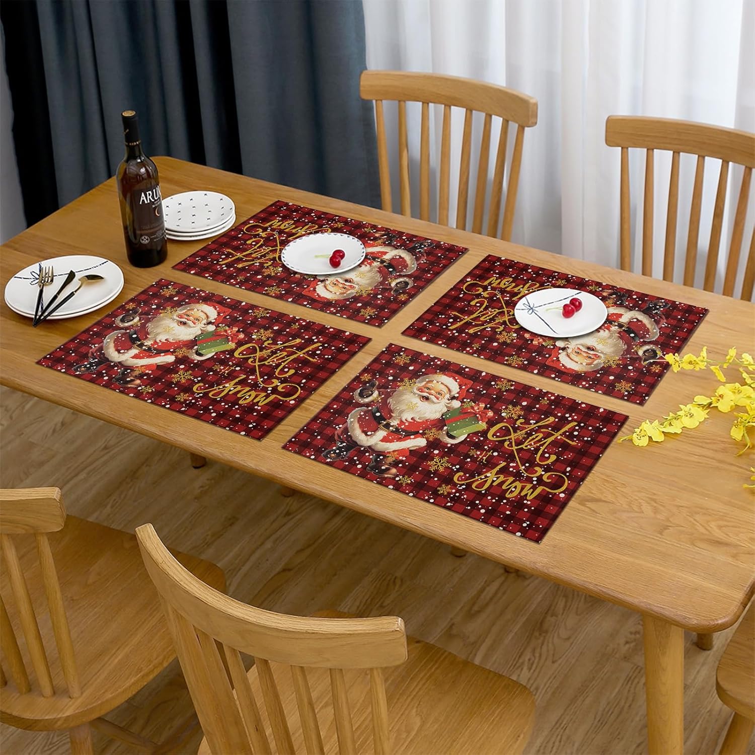 Placemats for Dining Table Set of 4, Christmas Santa Claus Snowflake Red and Black Buffalo Plaid Table Mats for Home Kitchen Restaurant Party Decoration, Washable Place mats 13"x19"