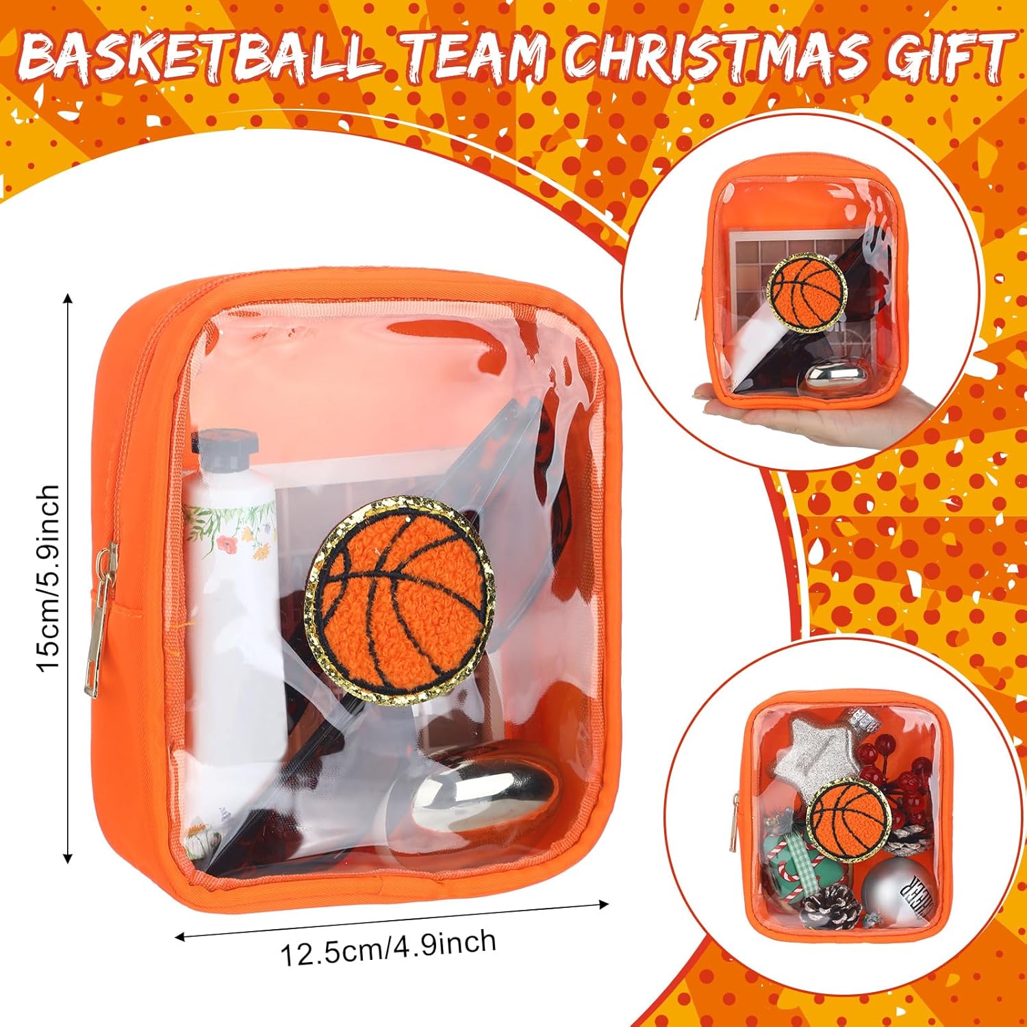Reginary 12 Pcs Basketball Party Favors Basketball Makeup Bags Bulk with Chenille Patch Valentine Team Gifts Waterproof Travel Size for Women