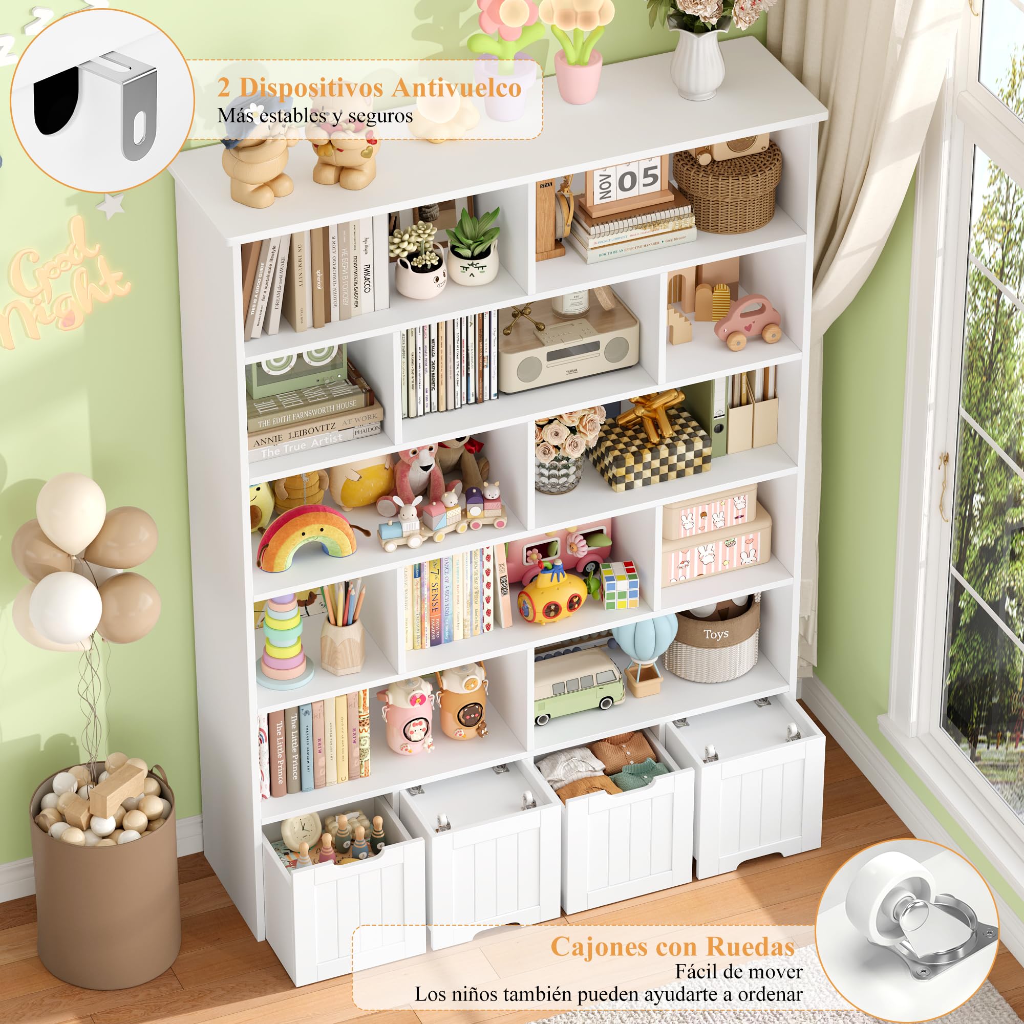FOREHILL Mueble Organizador Juguetes, Mueble Almacenaje Juguetes, Estanteria Montessori, Organizador de Juguetes Estanteria Infantil, 4 Cajones con Ruedas, 12 Compartimentos, Blanco 125.5x33x175 cm