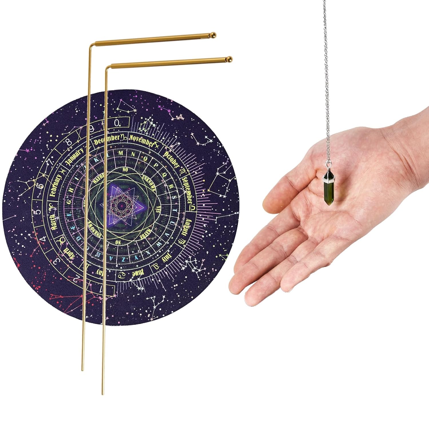 99.9% Pure Copper Dowsing Rod Kit - 2pcs Divining Rods + Gemstone Pendulum + Divination Mat for Locating Water, Ghost Hunting, Detect Gold, Lost Items, and Yes or No Answers Etc