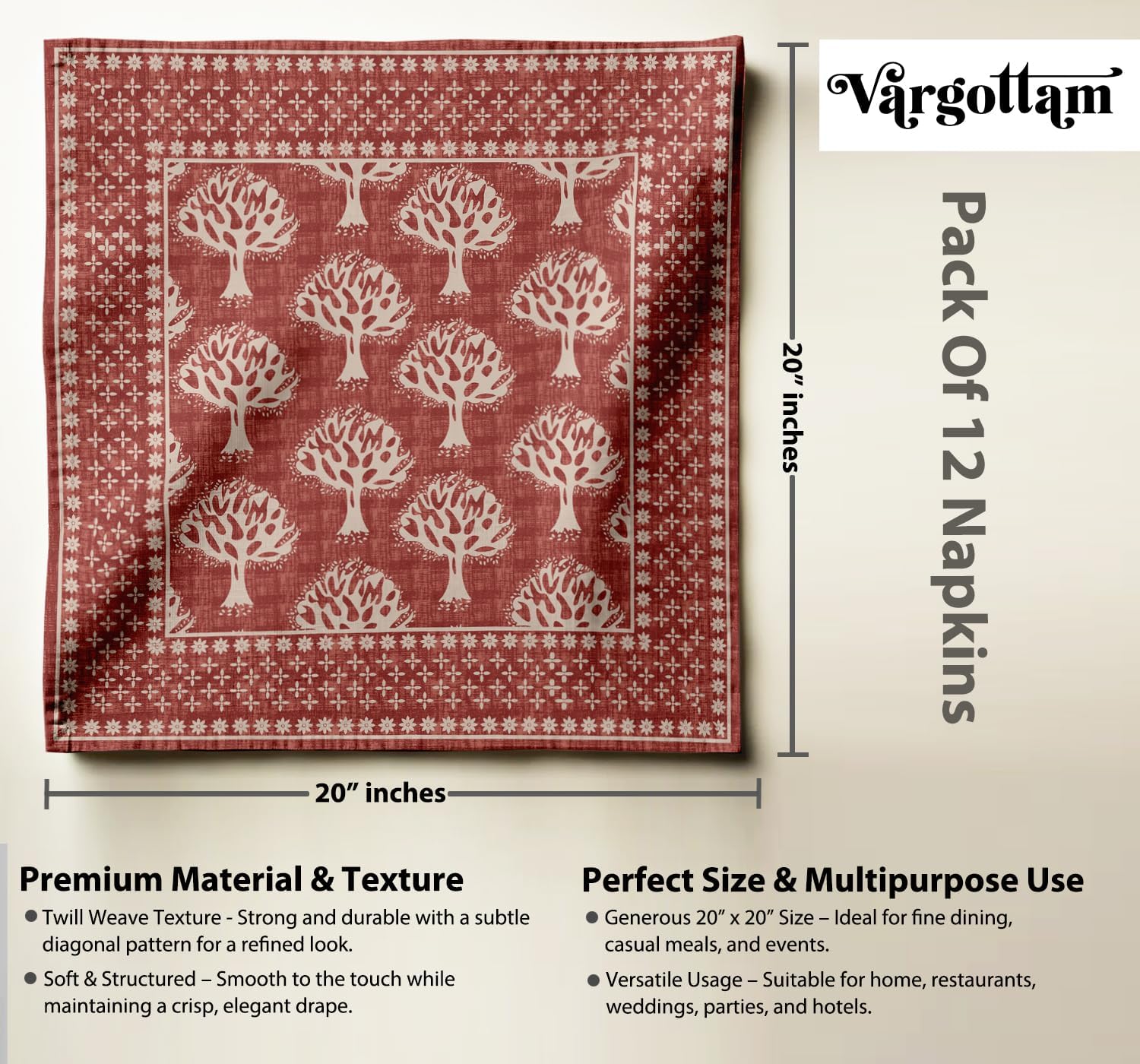 Luxury Cotton Twill Napkins - Set of 12, 20-Inch Tree Pattern, Premium Thick Cloth Napkins for Elegant Dining & Special Occasions - Soft, Absorbent & Machine Washable