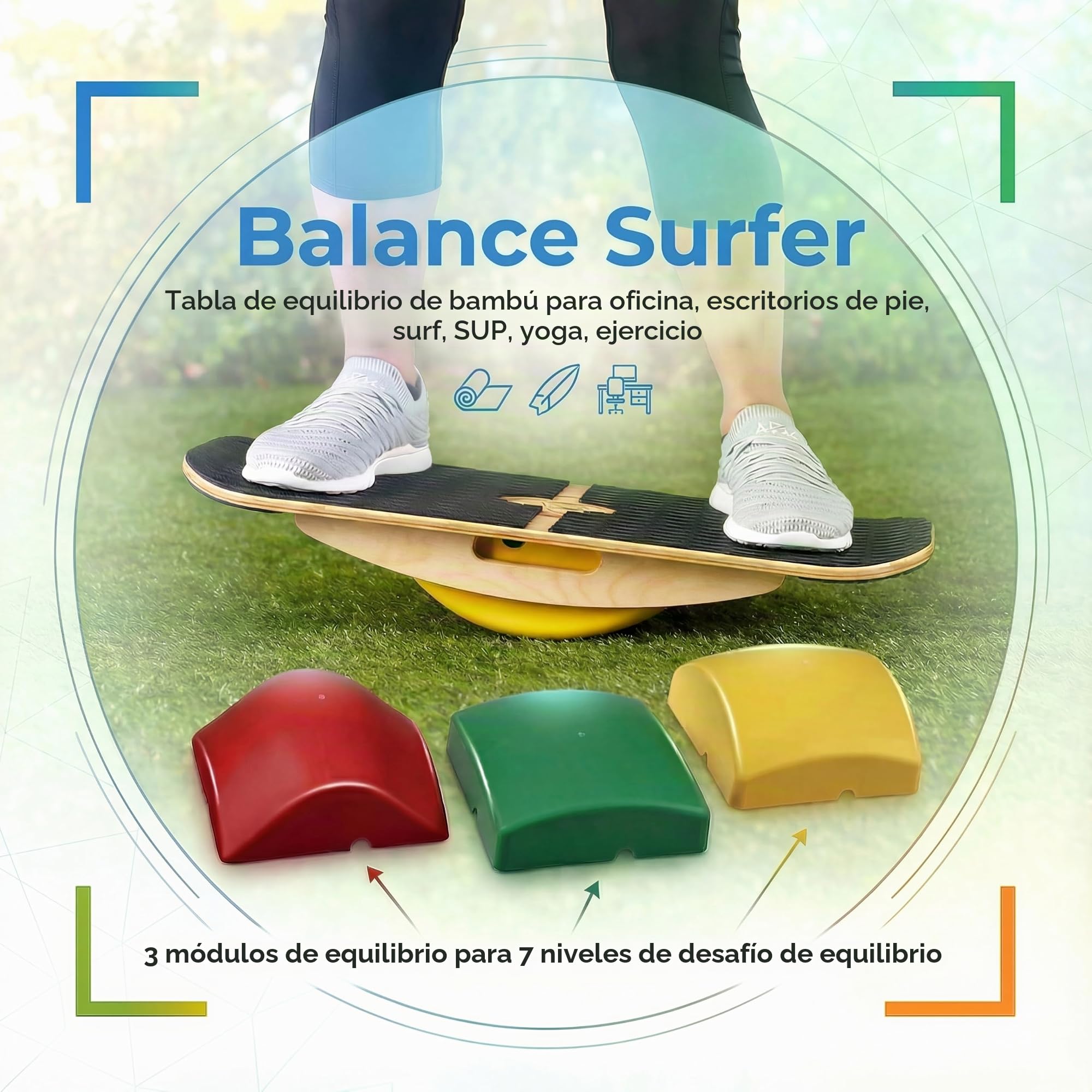 Blue Planet Balance Surfer 7-in-1 Bamboo Wooden Balance Board Trainer for Office, Gym & Home | Great for Standing Desks, Surfing, Sup, Yoga, Physical Therapy, Exercise!…