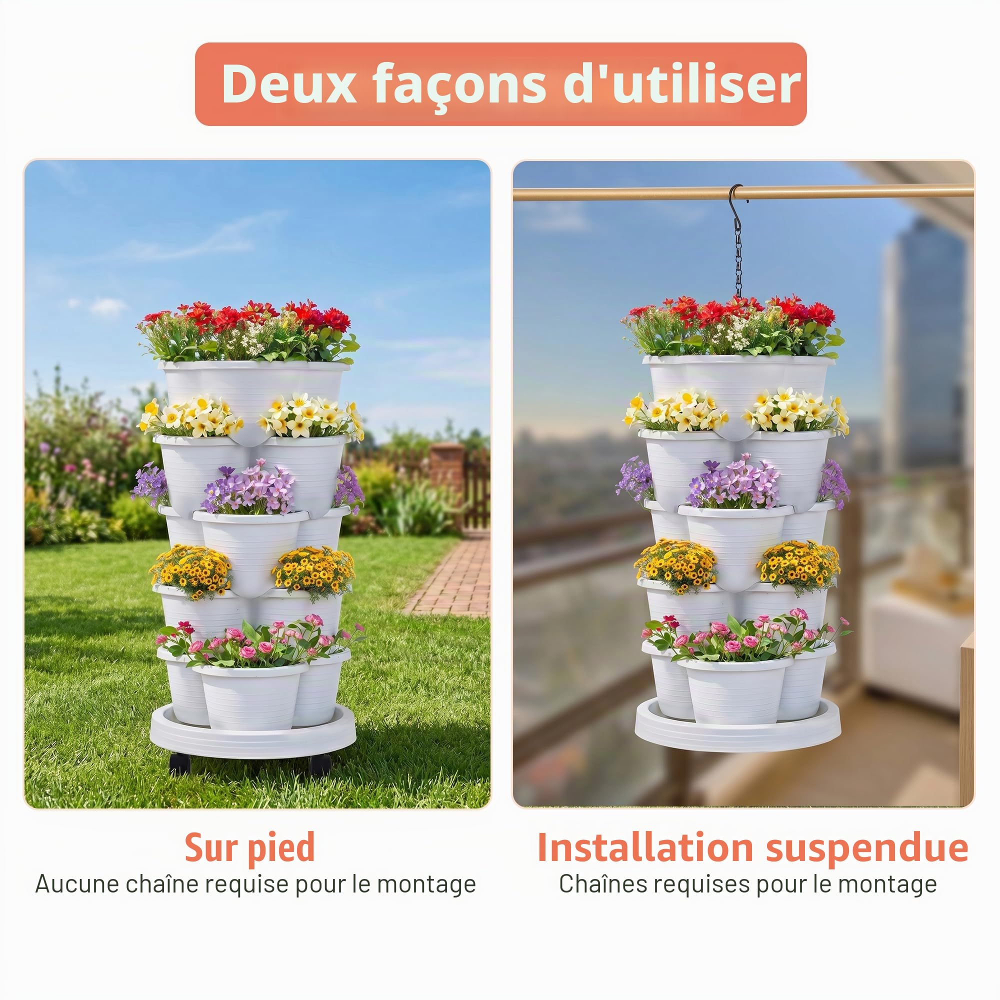 VECELO Jardinière Verticale à 5 Niveaux et à roulettes, Pots de Fleurs empilables, arrosage Autonome, pour Fraises, Herbes aromatiques, Fleurs, légumes, Blanc