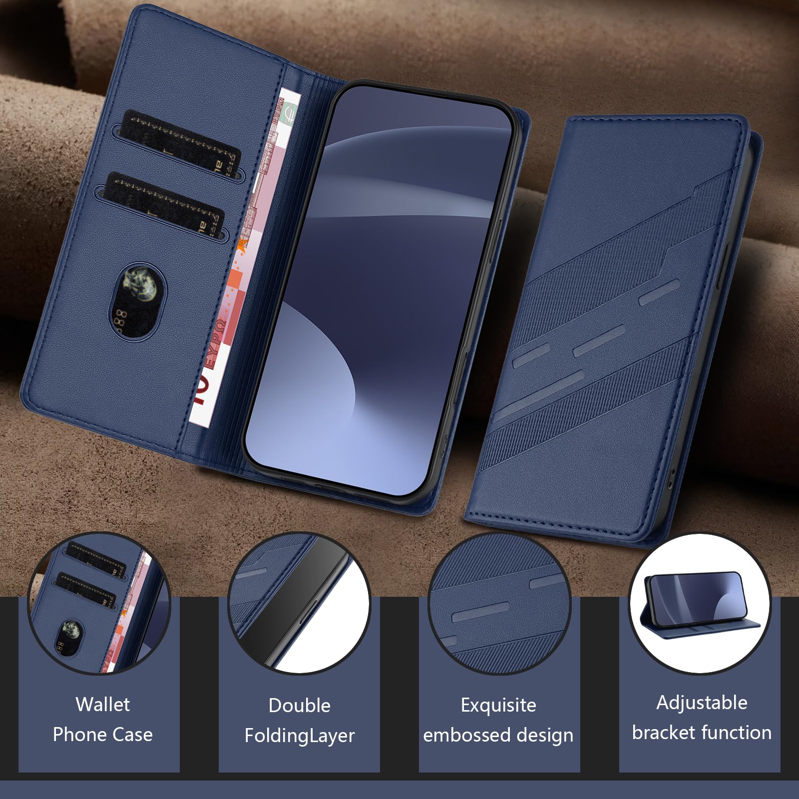Cover Custodia Folio in Pelle per Motorola Moto G06 4G, Premium PU/TPU Pelle Flip Antiurto Wallet Case, con Supporto & Porta Carta. Blu scuro