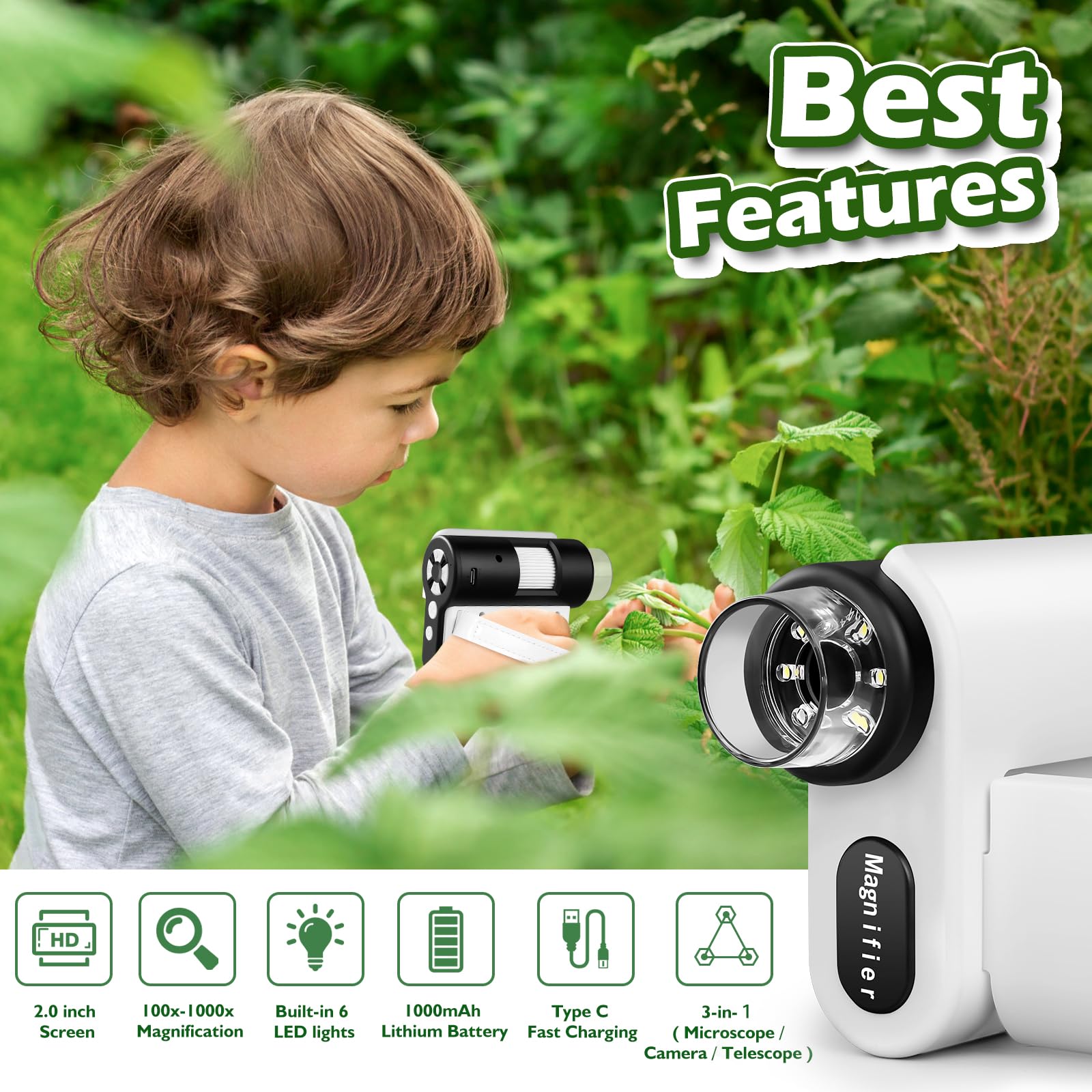 Pocket Microscope for Kids, 2'' LCD Screen 32G 100X-1000X Handheld Microscope with 6 LED Lights, Birthday Gifts for Kids 6 7 8 9 10 11 12 Boys Girls