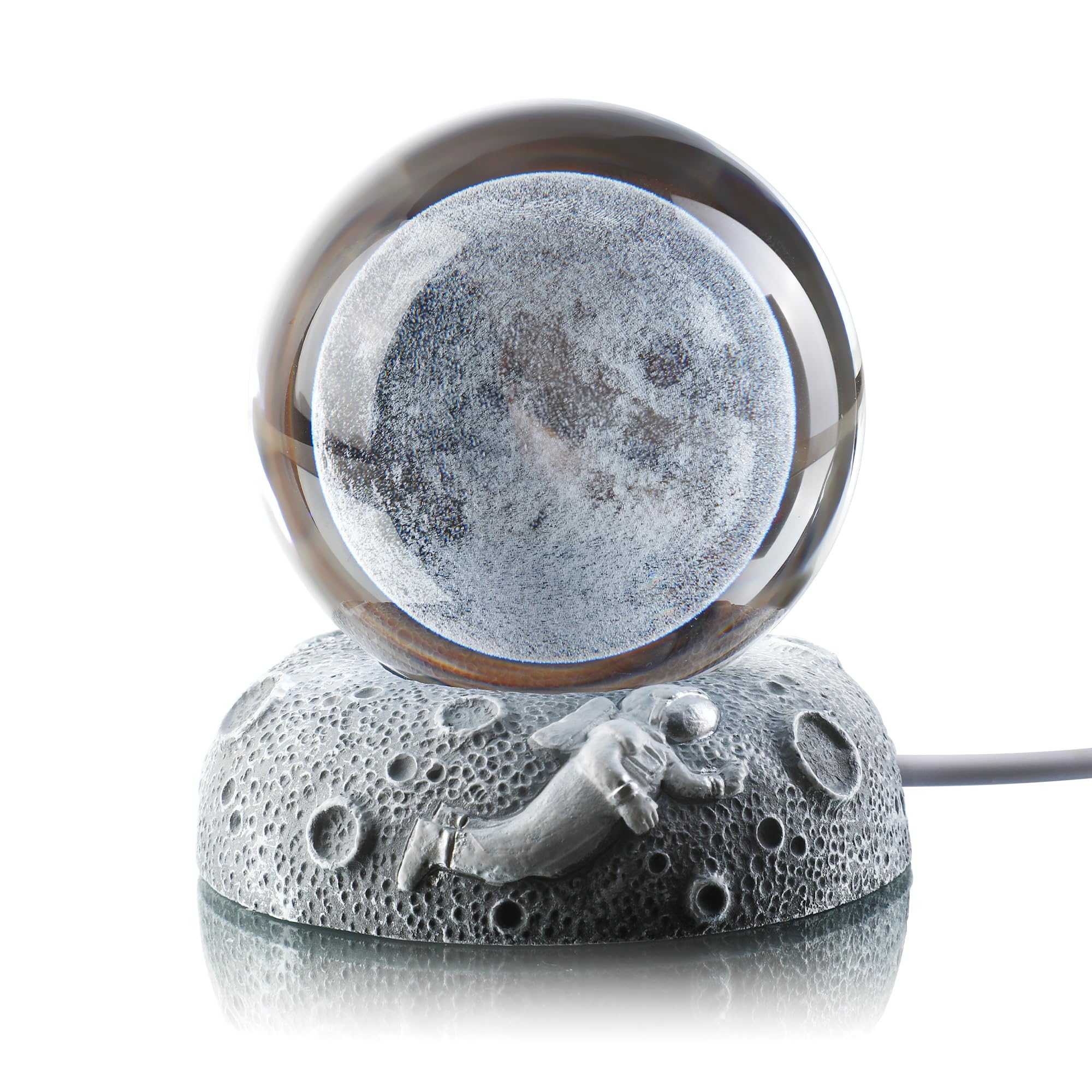 ZEERSHEE 3D Moon Crystal Ball with LED Stand Glow Resin Base 60mm Glass Ball Night Lamp Indoor Figurine Lamps for Home Decor (Only USB Power)