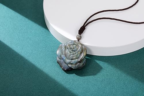 Miniatura 2 de GEHECRST Collar de flor de rosa de cristal de labradorita, collar de piedra de cristal curativo natural tallado para mujer, protección de piedras