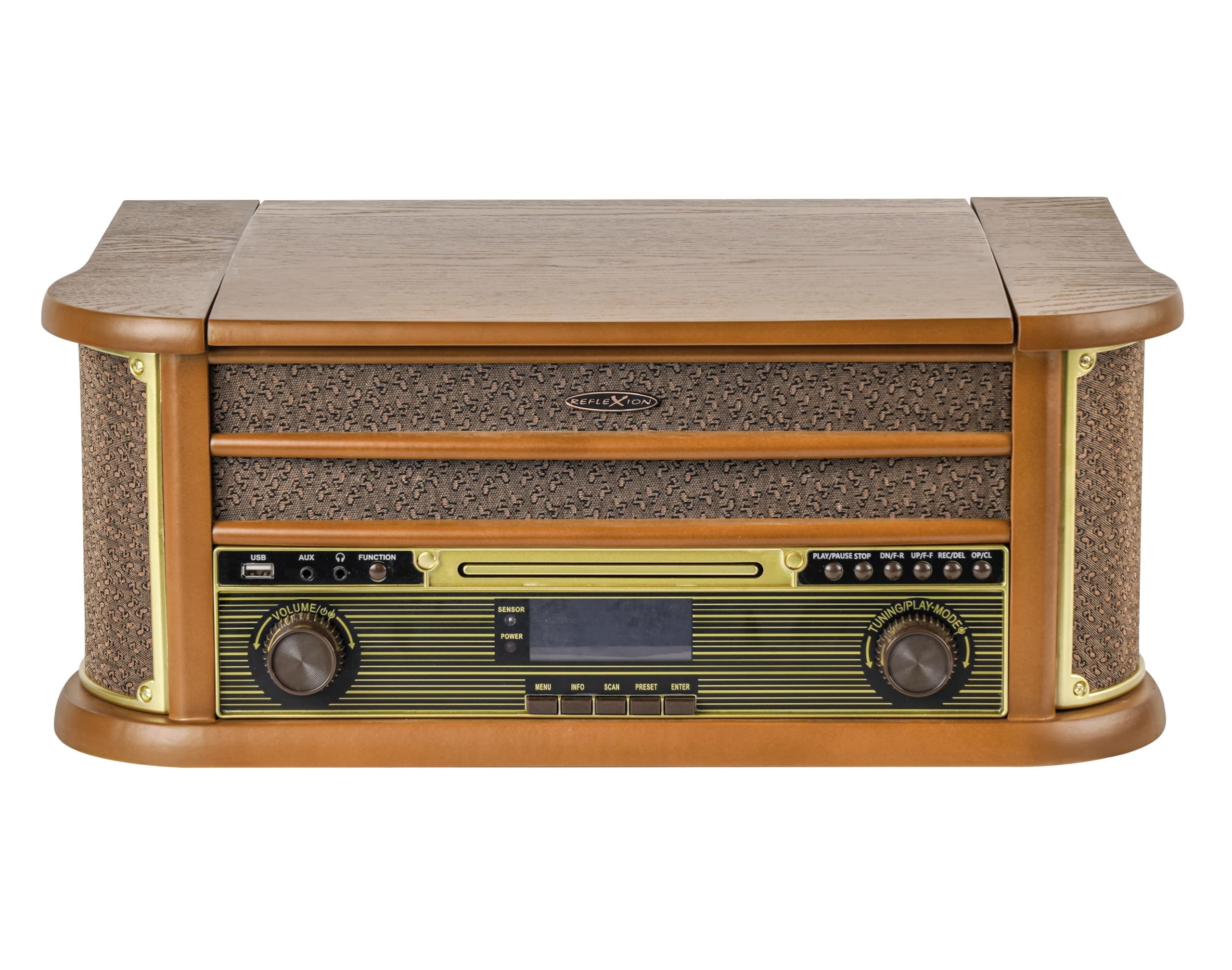 Reflexion HIF2002 Système stéréo rétro avec Platine Disque, Cassette, Lecteur CD et Radio Dab, Dab+, FM/MW, MP3, USB, écran LCD, télécommande, 80 W, boîtier en Bois véritable, Marron