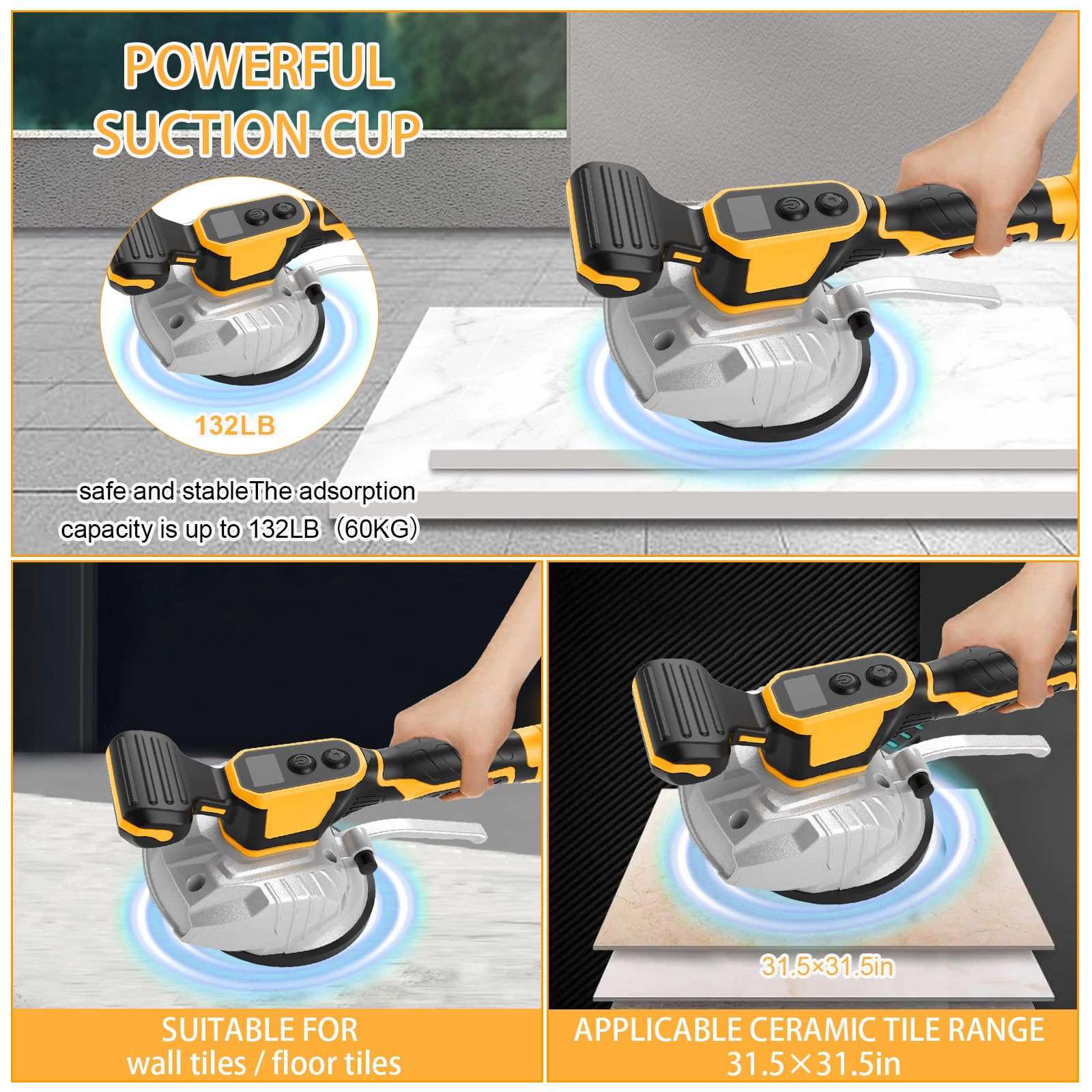 Vibrador de azulejos para Dewalt batería de 20 V, dispositivo vibrador con ventosa de 5", 8 velocidades, capacidad de 60 kg, vibrador para azulejos y azulejos de pared de 32 x 32 pulgadas y debajo