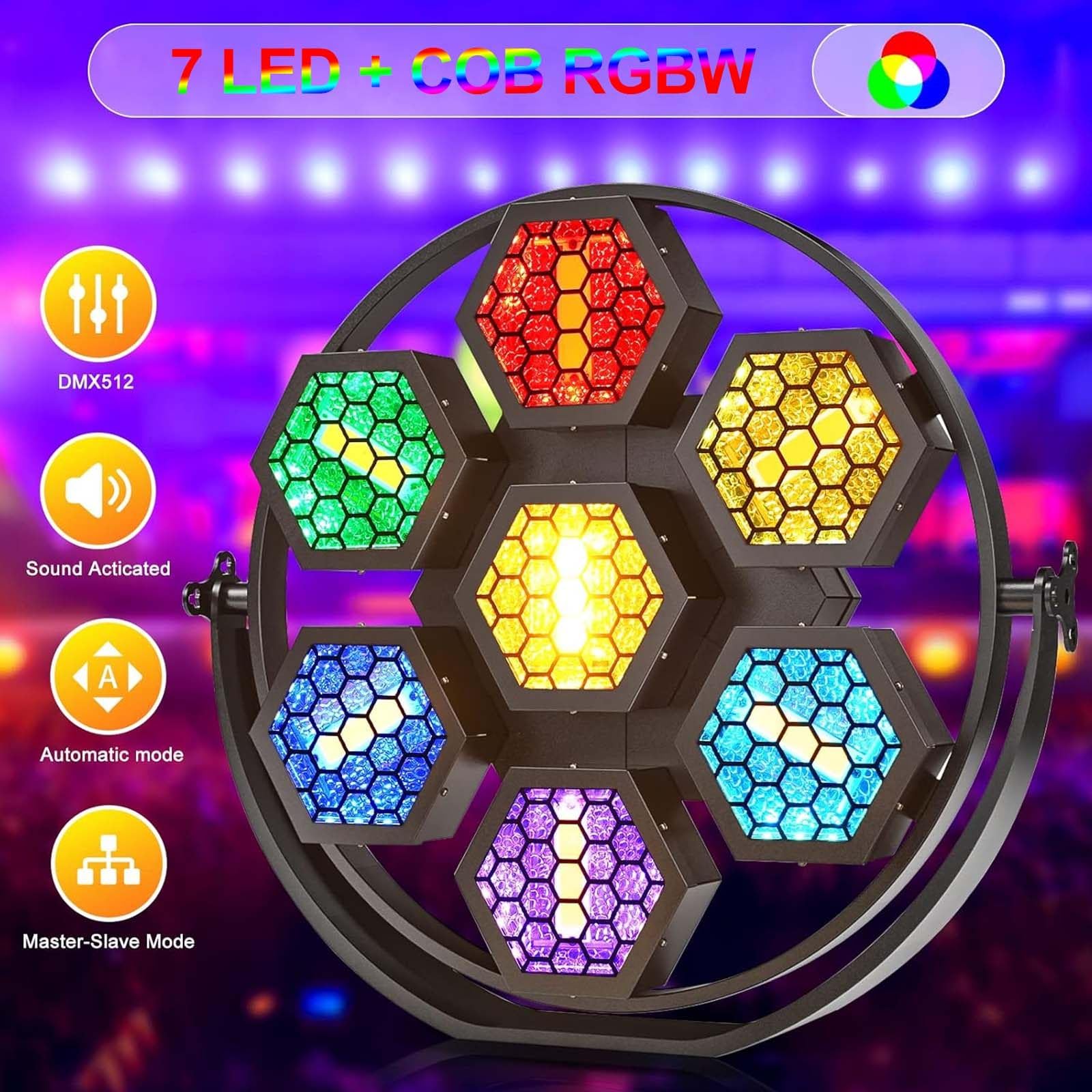 Luces de Escenario Retro Profesionales, 63*RGBW, 7*COB Efecto Matriz con atenuación y estroboscopio de 32 bits, Pantalla Digital LED, Luces de Lavado para conciertos y Teatro
