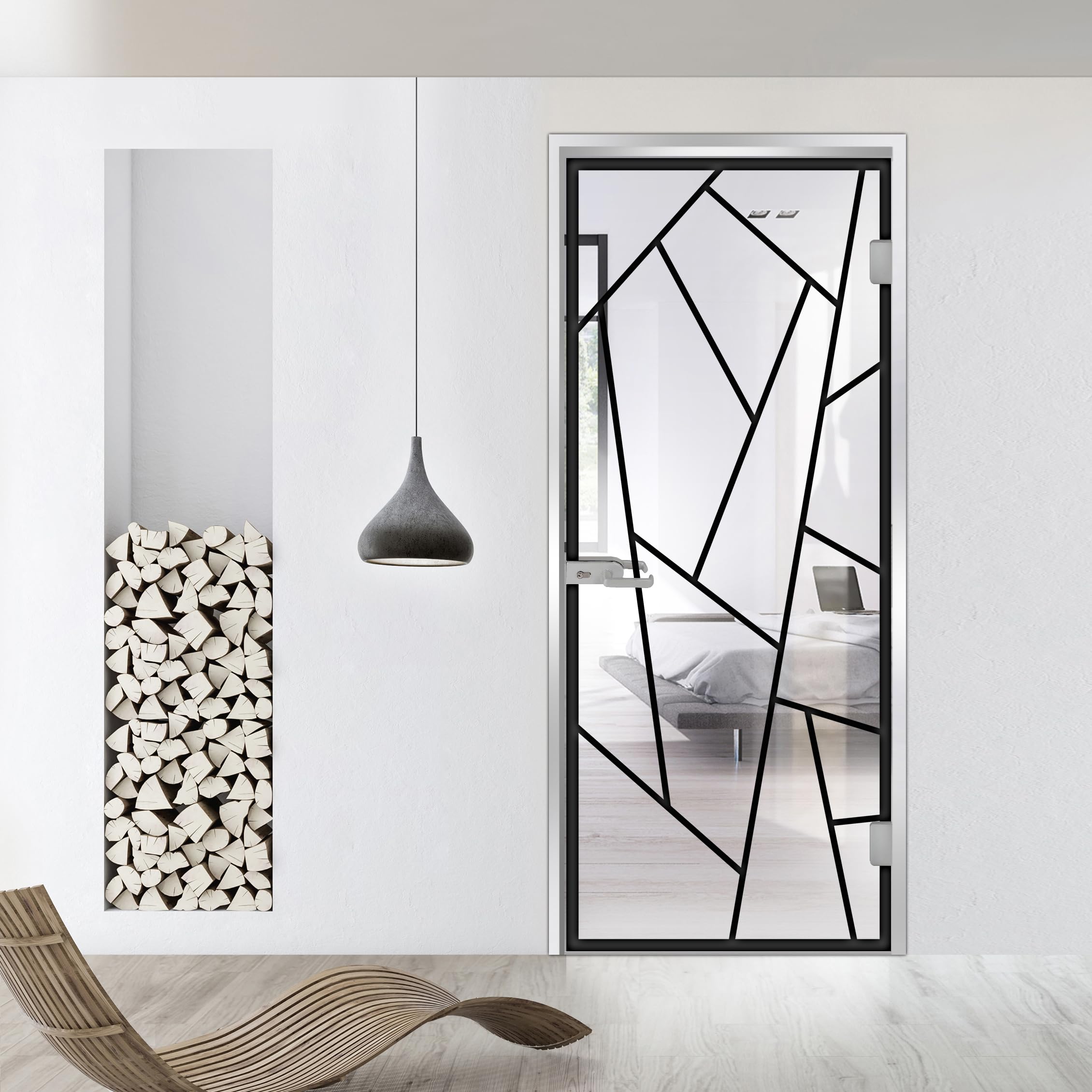 Porta in vetro per interni con cerniera, modello Atlas, vetro di sicurezza trasparente da 8 mm, decorazione nera, cornice a Z, adatta per apertura 80 x 198 cm