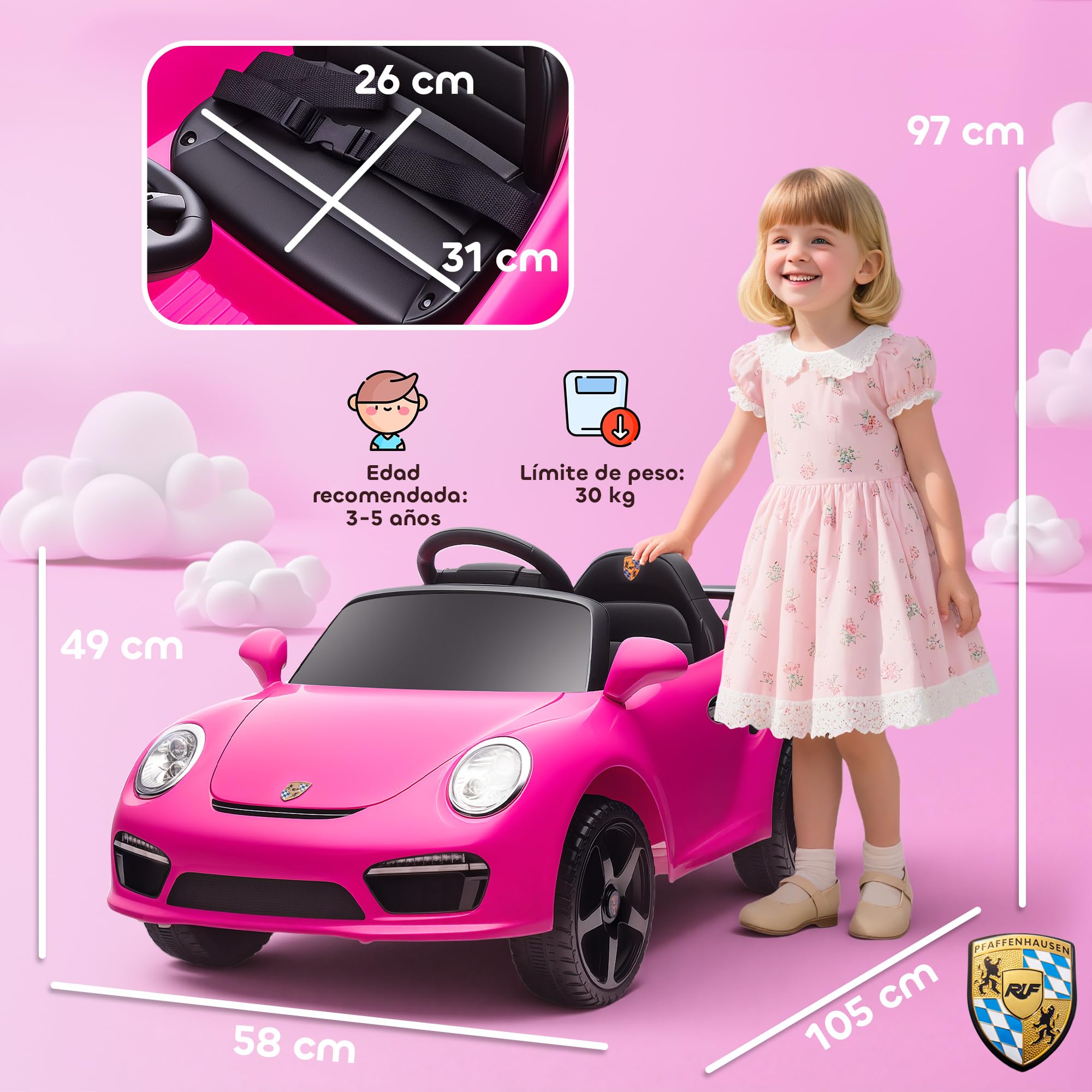 AIYAPLAY Coche Eléctrico para Niños con Licencia RUF CTR 3 Clubsport, Coche de Batería 12V, con Mando a Distancia 2,4 G, Motor Doble, Música Inalámbrica, Bocina, Ruedas Auxiliares y Faros LED, Rosa