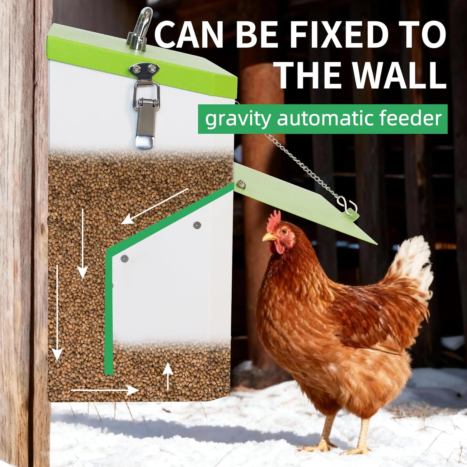 22 lb Chicken Feeder Wall Mount Metal Automatic No Waste，Hanging Food Dispenser with Secure Locking Lid Upgraded Window Design，Weatherproof Food Dispenser for Chickens and All Poultry