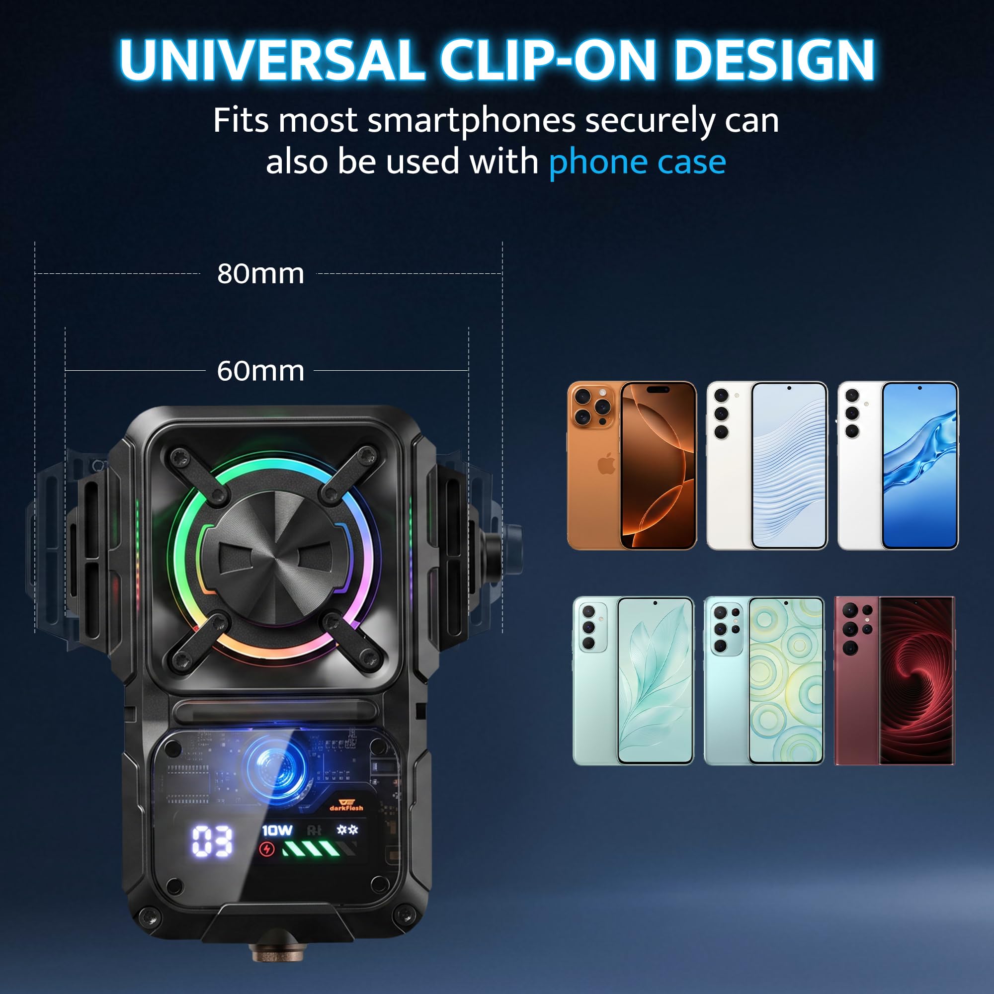 darkFlash Raffreddamento per smartphone da gioco, 2000 mAh, raffreddamento rapido ricaricabile con luce RGB, temperatura e visualizzazione batteria, design universale a clip a scatto, con supporto