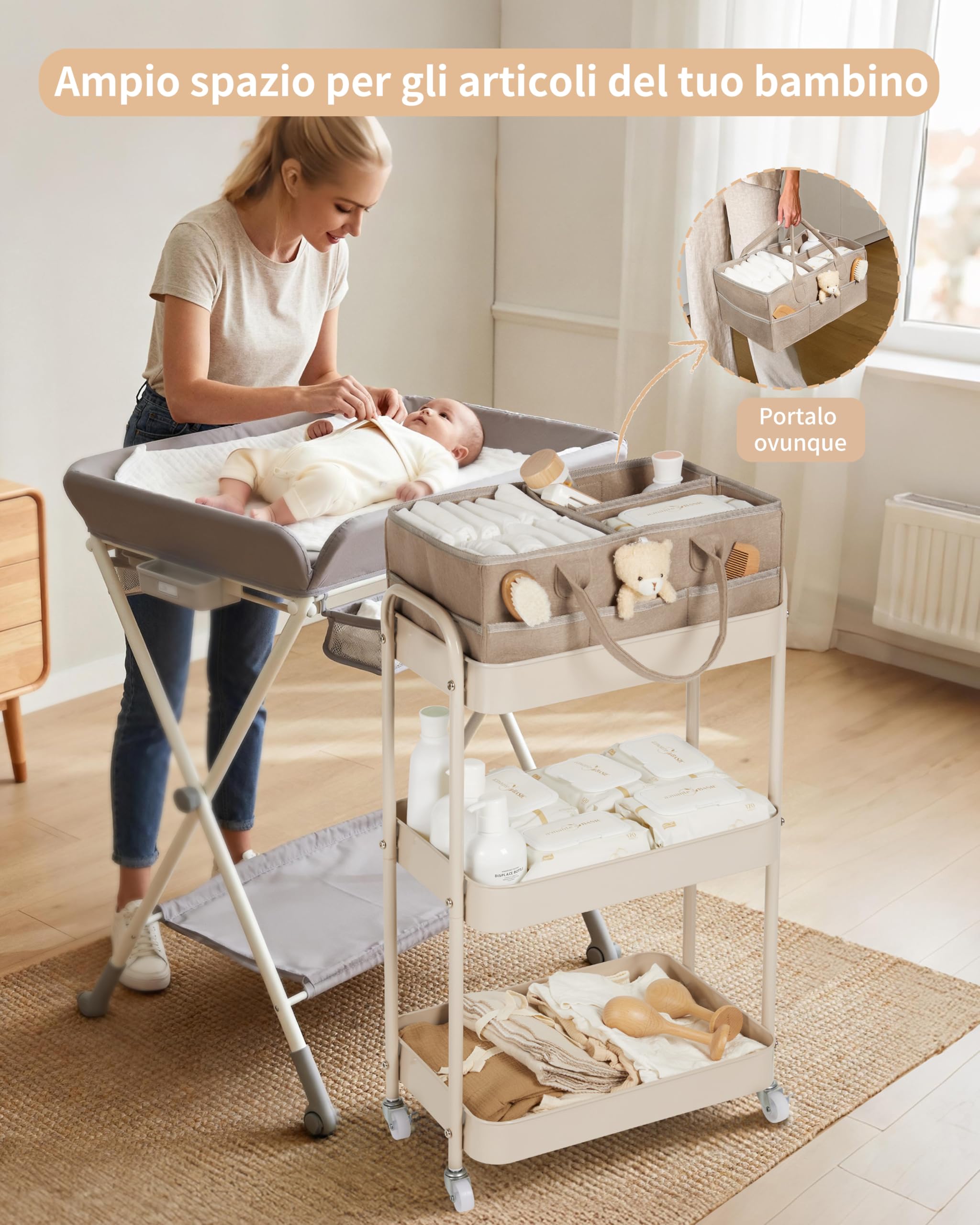Fortella Carrello con Ruote Portatutto, Organizer Fasciatoio per Neonati Portatile, Ideale per Fasciatoio Neonato Bagno, Regalo Nascita Bimbo, 3 Ripiani Carrello Porta Attrezzi, Cucina (Marrone)