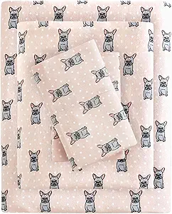 True North by Sleep Philosophy Cozy Flannel Warm 100% Cotton Sheet - Novelty Print Animals Stars Cute Ultra Soft Cold Weather Bedding Set, Queen, Pink French Bulldog 4 Piece