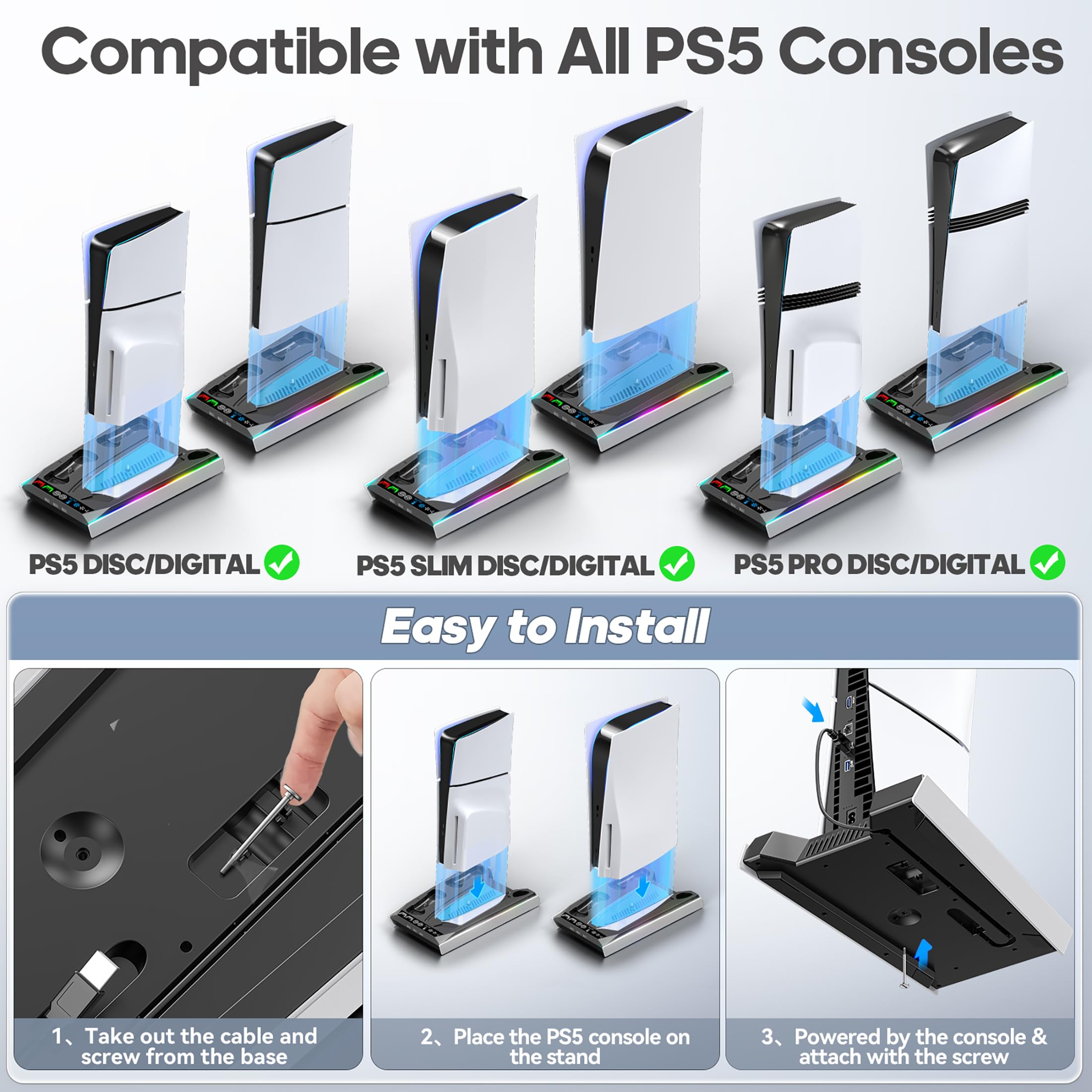 Support de Refroidissement PS5/Slim/Pro avec Ventilateur Automatique 3 Vitesses, Station de Ventilateur Vertical PS5 avec Chargeur de Manette, Base de Refroidissement et d'accessoires PS 5