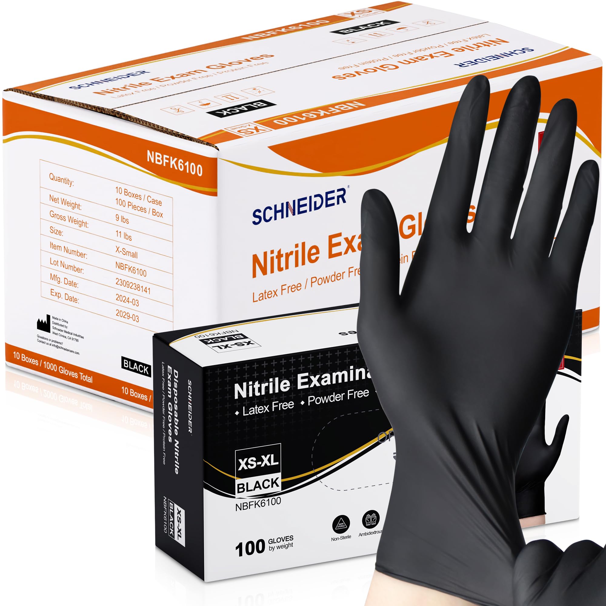 Schneider Nitrile Exam Gloves, Black Latex Free Powder Free Disposable Gloves for Medical, Cooking, Cleaning, and Food Prep