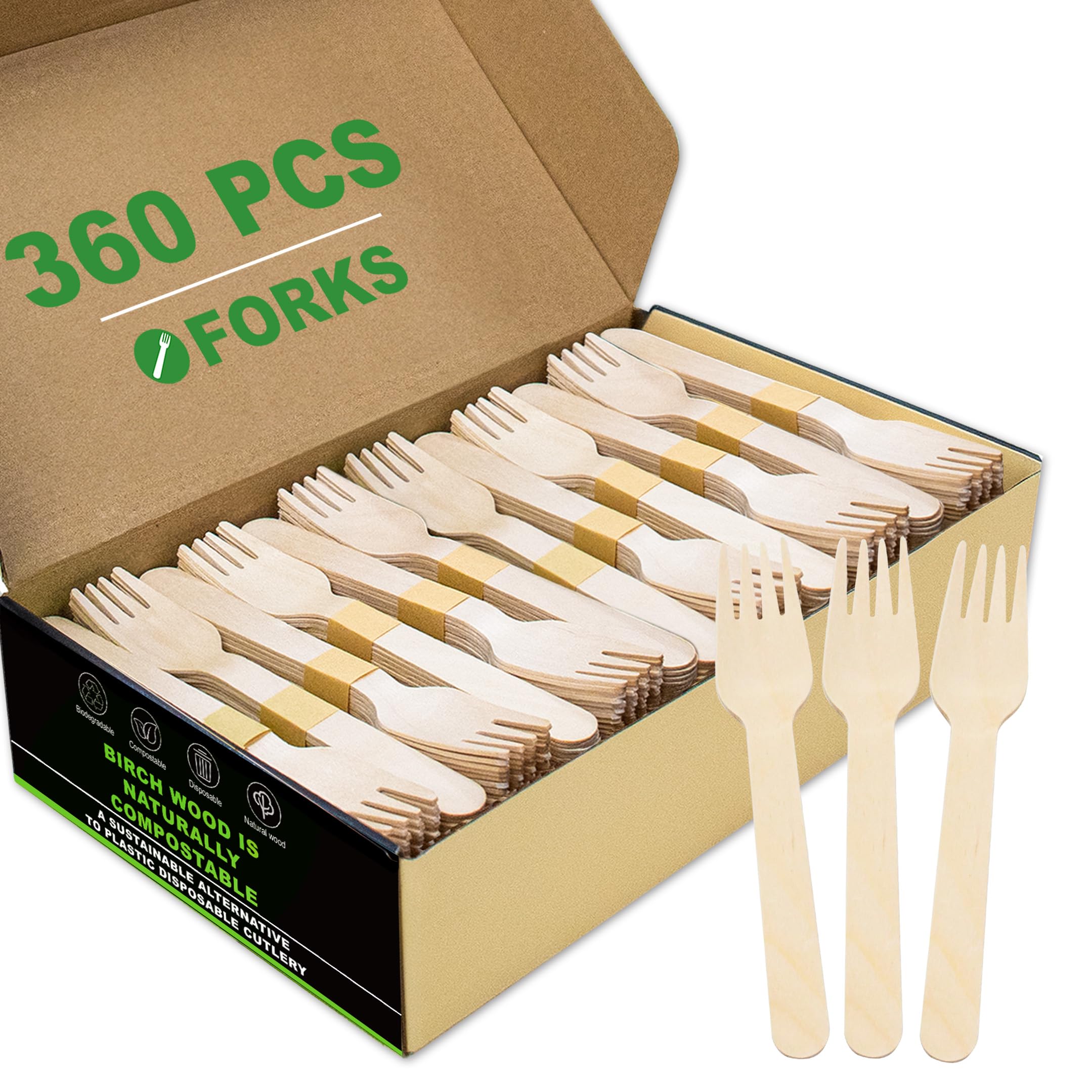 Tenedores de madera desechables, 360 tenedores de madera compostables biodegradables para comer, alternativa ecológica a los utensilios de plástico