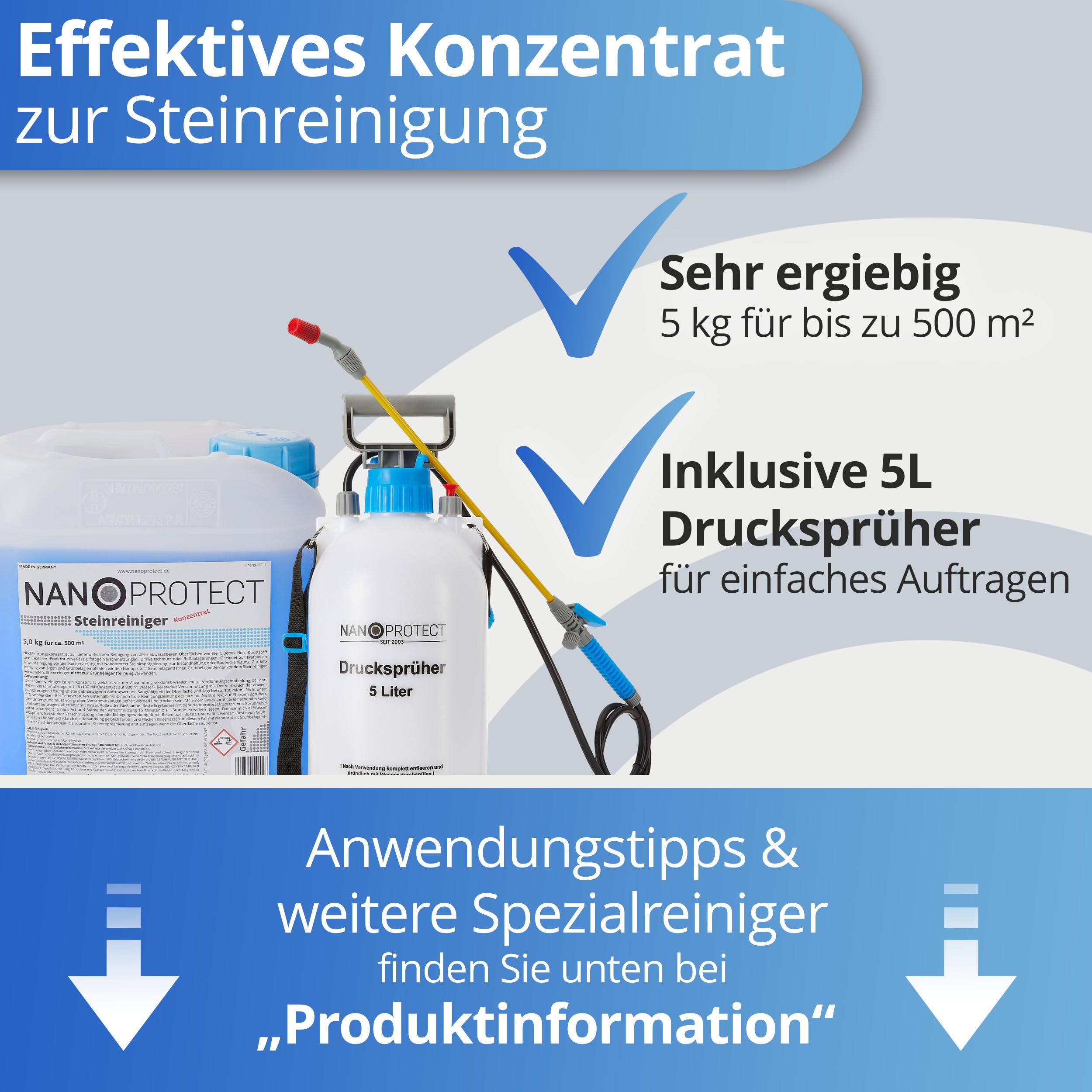 Nanoprotect Steinreiniger Konzentrat | 5 kg inkl. Drucksprüher | Für ca. 500 m² | Intensivreiniger für Außenanlagen | Ideal für Haus, Hof und Garten