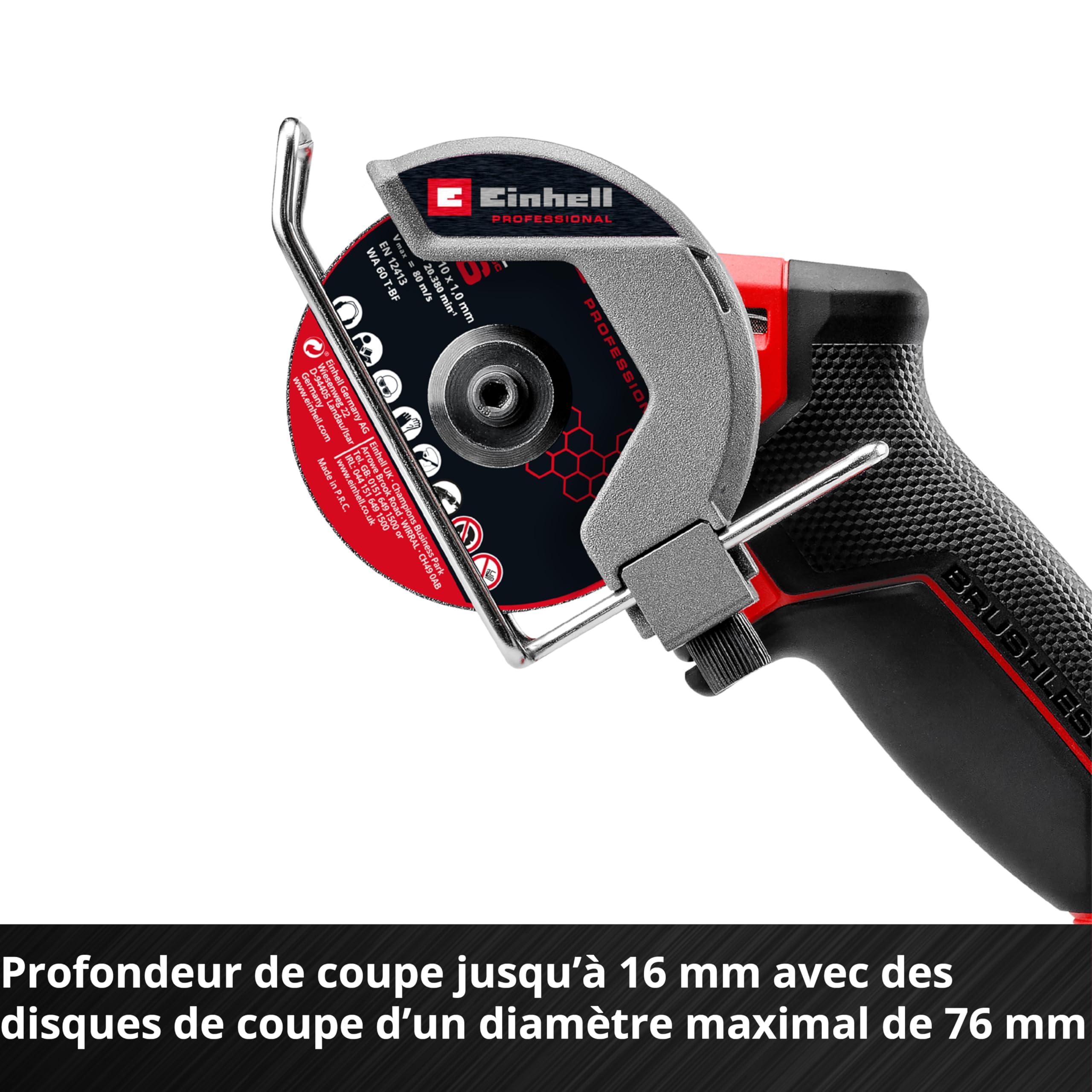 Einhell Professional Mini meuleuse sans fil TP-CO 18/76-C Li BL-Solo (18V, moteur sans charbon, disque Ø 76 mm, profondeur de coupe 16 mm, profondeur réglable, 4 disques de coupe incl., sans batterie)