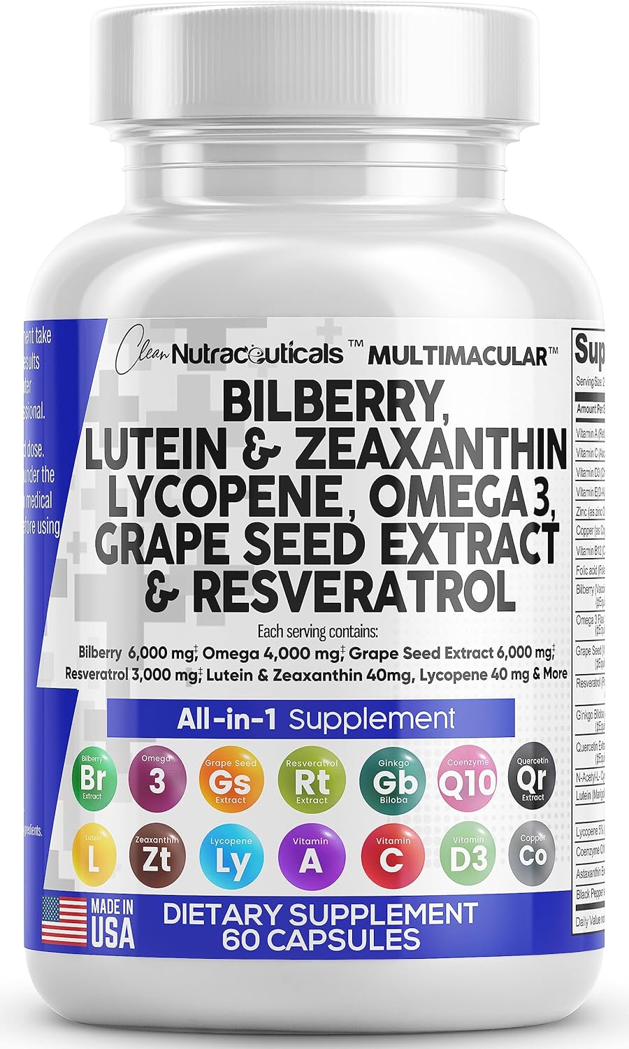Eye Health Vitamins with Bilberry 6000mg Lutein & Zeaxanthin 40mg Lycopene 40mg Resveratrol 3000mg Grape Seed Extract 6000mg Omega 3 4000mg Astaxanthin – Eye Vitamin for Vision – 60 USA Made Capsules