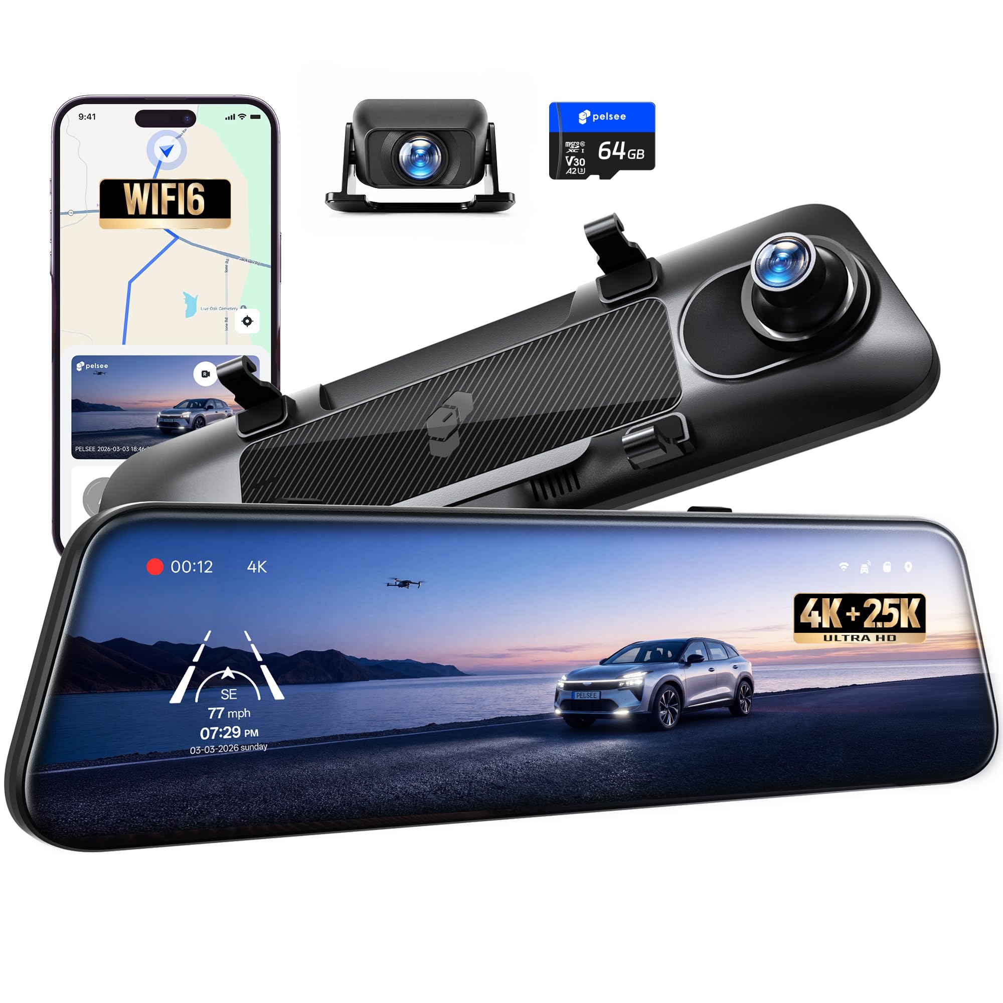 Pelsee S12 Native 4K +2.5K Mirror Dash Cam, WiFi 6 30MB/s Download, Rear View Mirror Camera Backup Camera for Car Truck SUV, Dual HDR, Telephoto Front Camera, Full Color Night Vision, 64G Memory Card