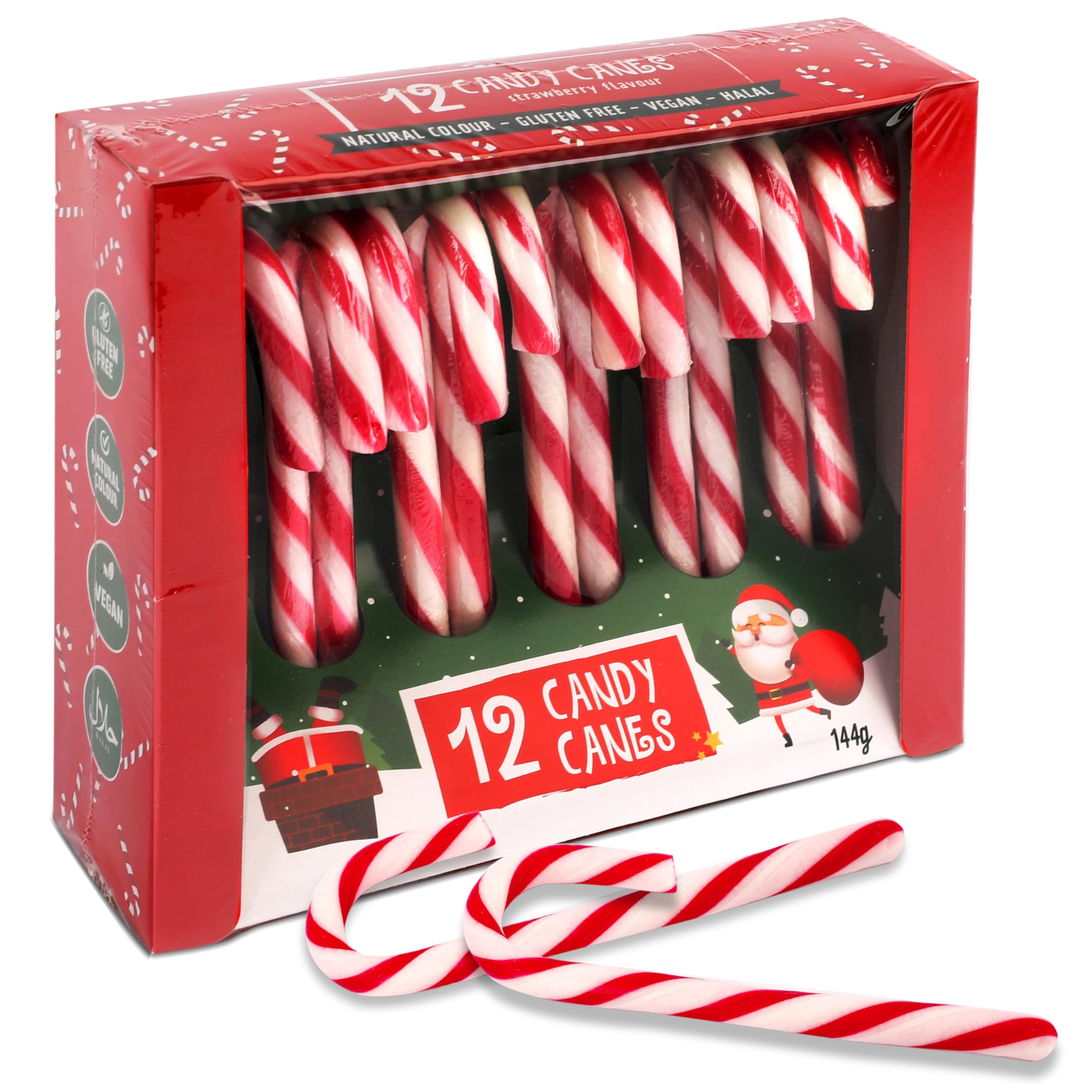 Beckys Zuckerstangen Erdbeergeschmack - 12 rot-weiße Candy Canes, 12g pro Stück - in roter Geschenkbox - Perfekt für Weihnachtsdeko, Baumdeko & als Süßigkeit für den Weihnachtsteller