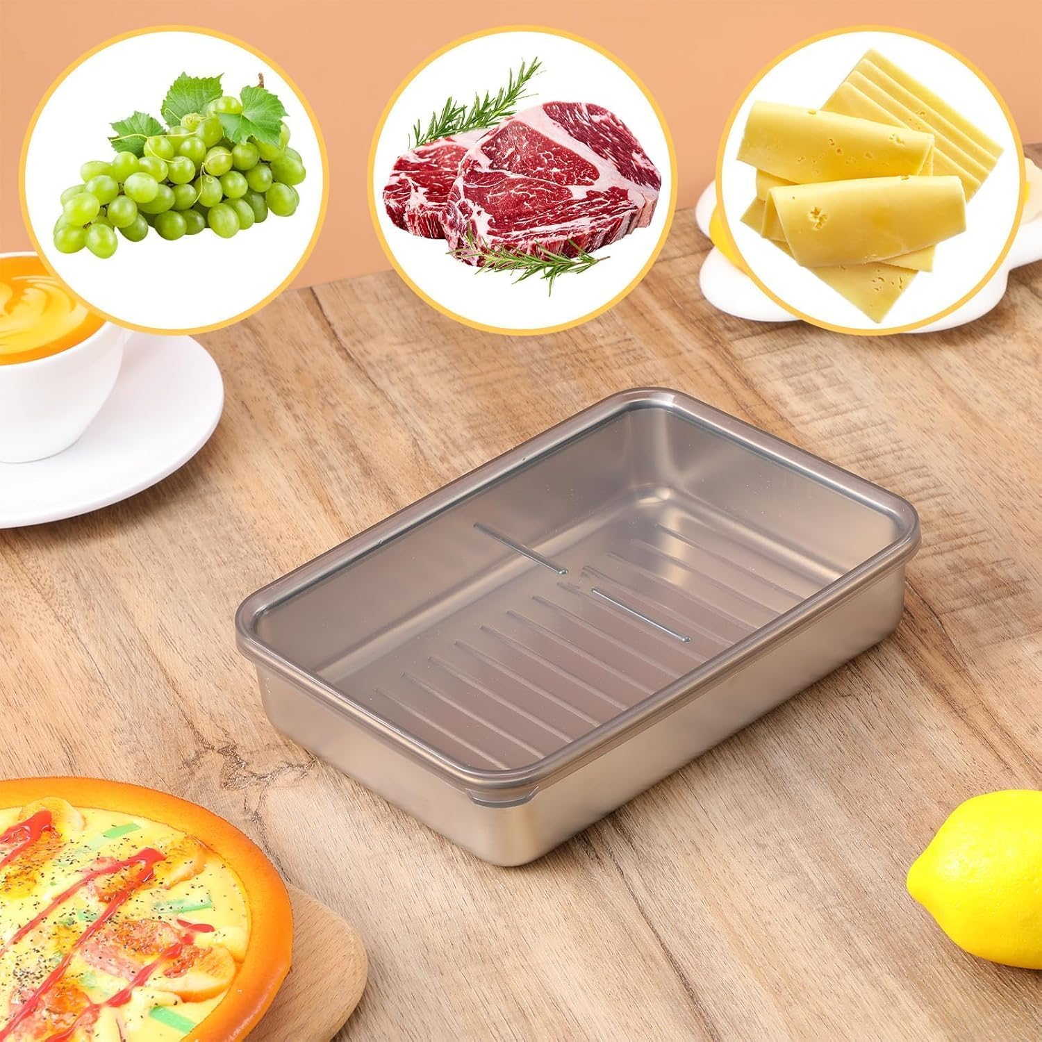 XJL-FRE-D Set mit 3 Aufschnittboxen für Kühlschrank,Wurst Aufbewahrung Kühlschrank,Aufschnittbox,Kühlschrank Organizer,Edelstahl Frischhaltedosen mit Deckel für Käse,Fleisch (27 * 20.3 * 4.6cm) Küche, Haushalt & Wohnen