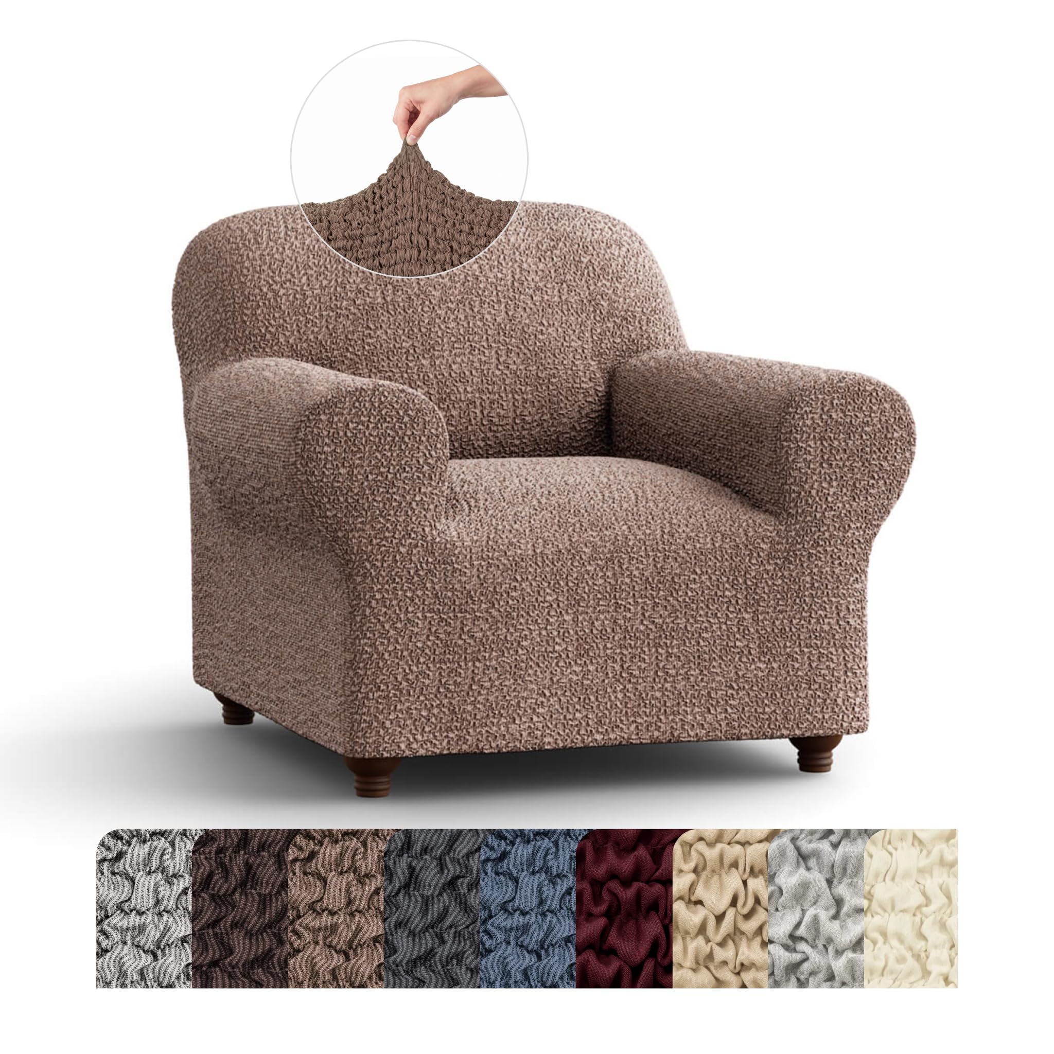 Mamma Mia Covers PAULATO BY GA.I.CO. Chair Cover - Armchair Cover - Armchair Slipcover - Cotton Fabric Slipcover - 1-piece Form Fit Stretch Stylish Furniture Protector - Mille Righe Collection - Camel (Chair)