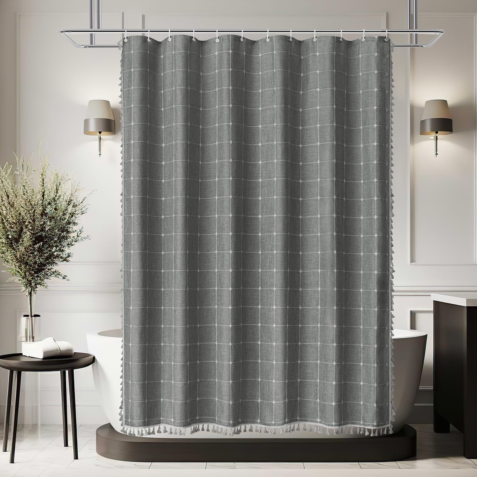 Rideau de douche en tissu robuste texturé en lin de style bohème et moderne avec glands, pour salle de bain, imperméable, 183 x 183 cm, gris anthracite