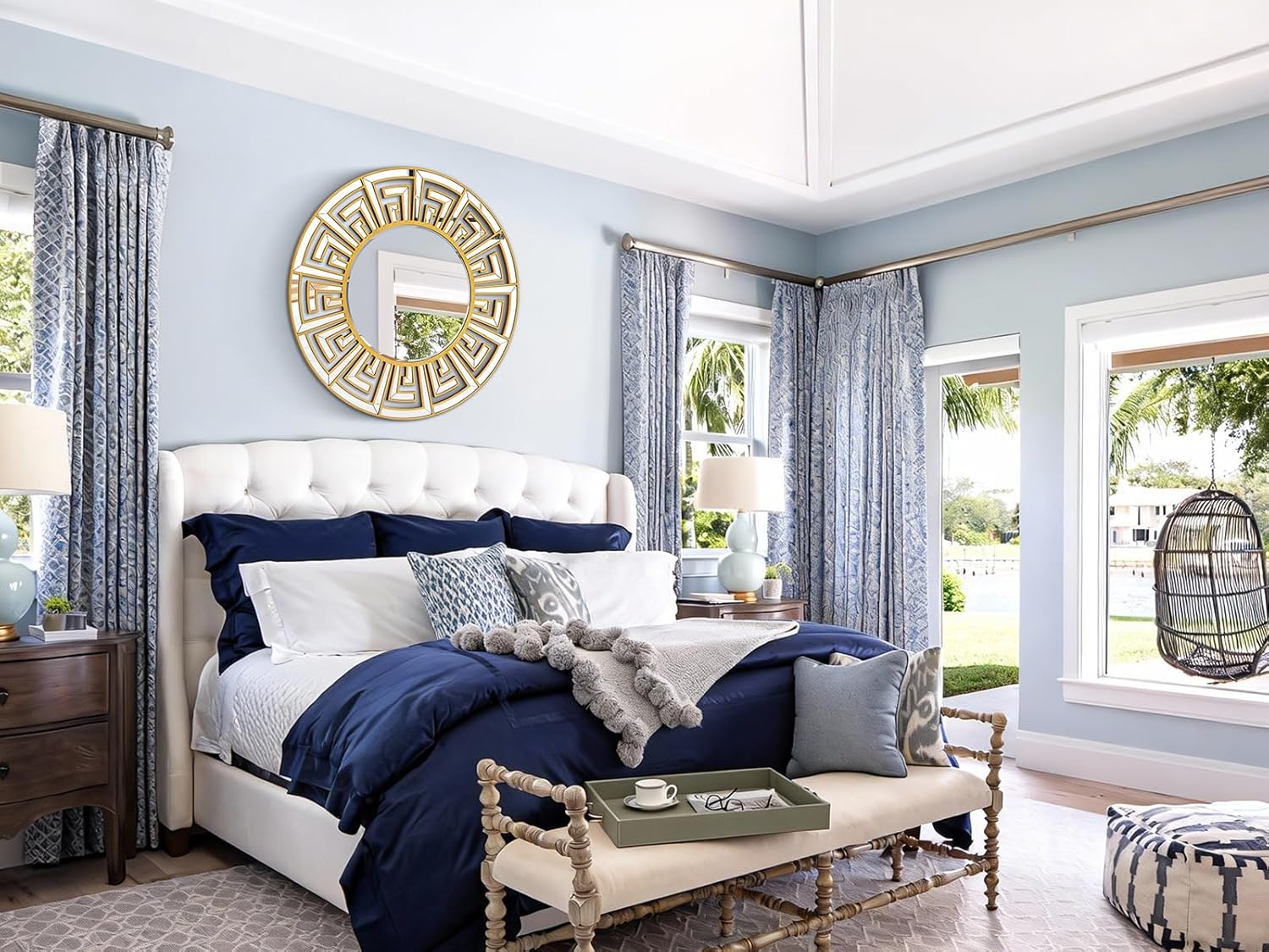 31.5"x31.5" Gold Round Mirror with Decorative Geometric Pattern, Accent Wall Mounted Mirror for Modern Living Room, Dining Room, Bedroom, Entryway