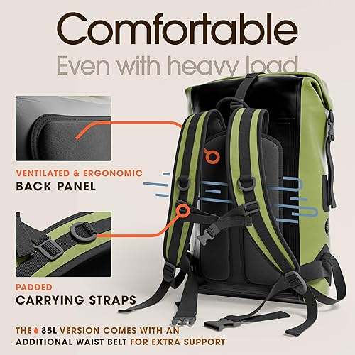 Miniatura 7 de Earth Pak Mochila impermeable 35L  55L  85L - Cierre enrollable resistente con bolsillo frontal con cremallera de fácil acceso y panel trasero