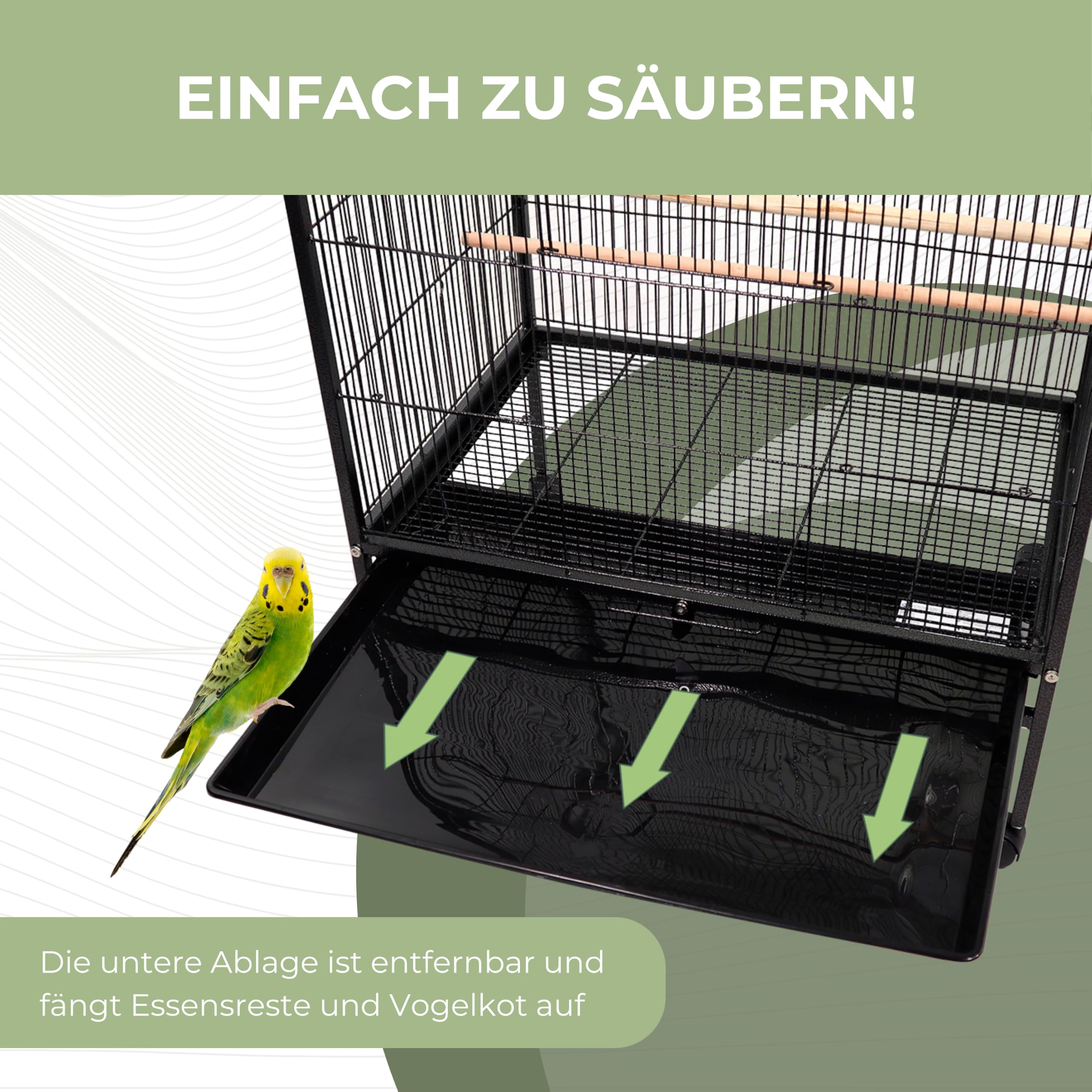 Mobiclinic®, Vogelkäfig, XL, Transporträder, Bremsen, Öffnung nach Oben, Herausnehmbares Tablett, 8 Türen, Großformat, 95x43x61,5 cm, Futterstellen, Tränken, Sitzstangen, Ruhebarsch, NINFA