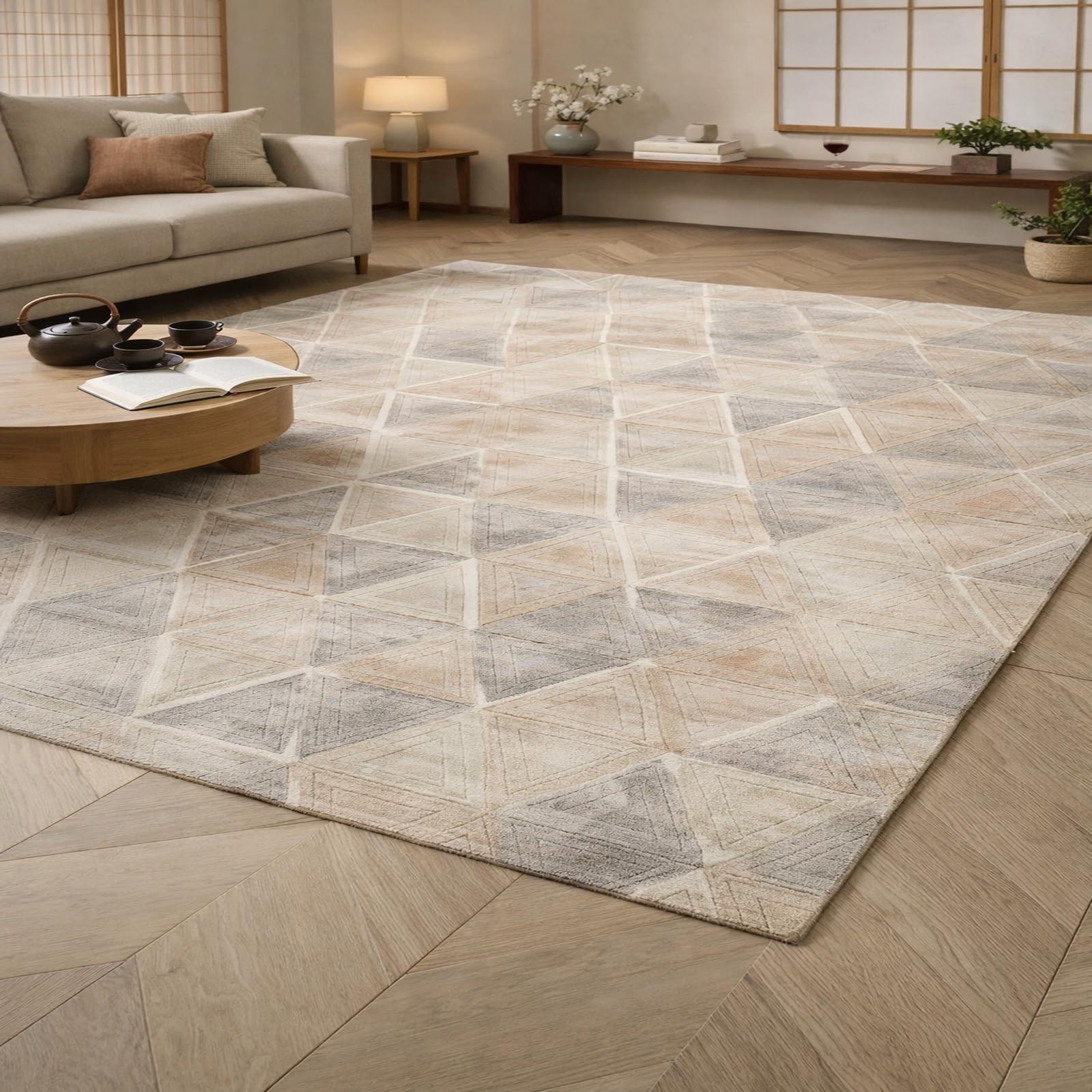 Tapis de salon géométrique moderne beige et gris aux finitions soignées