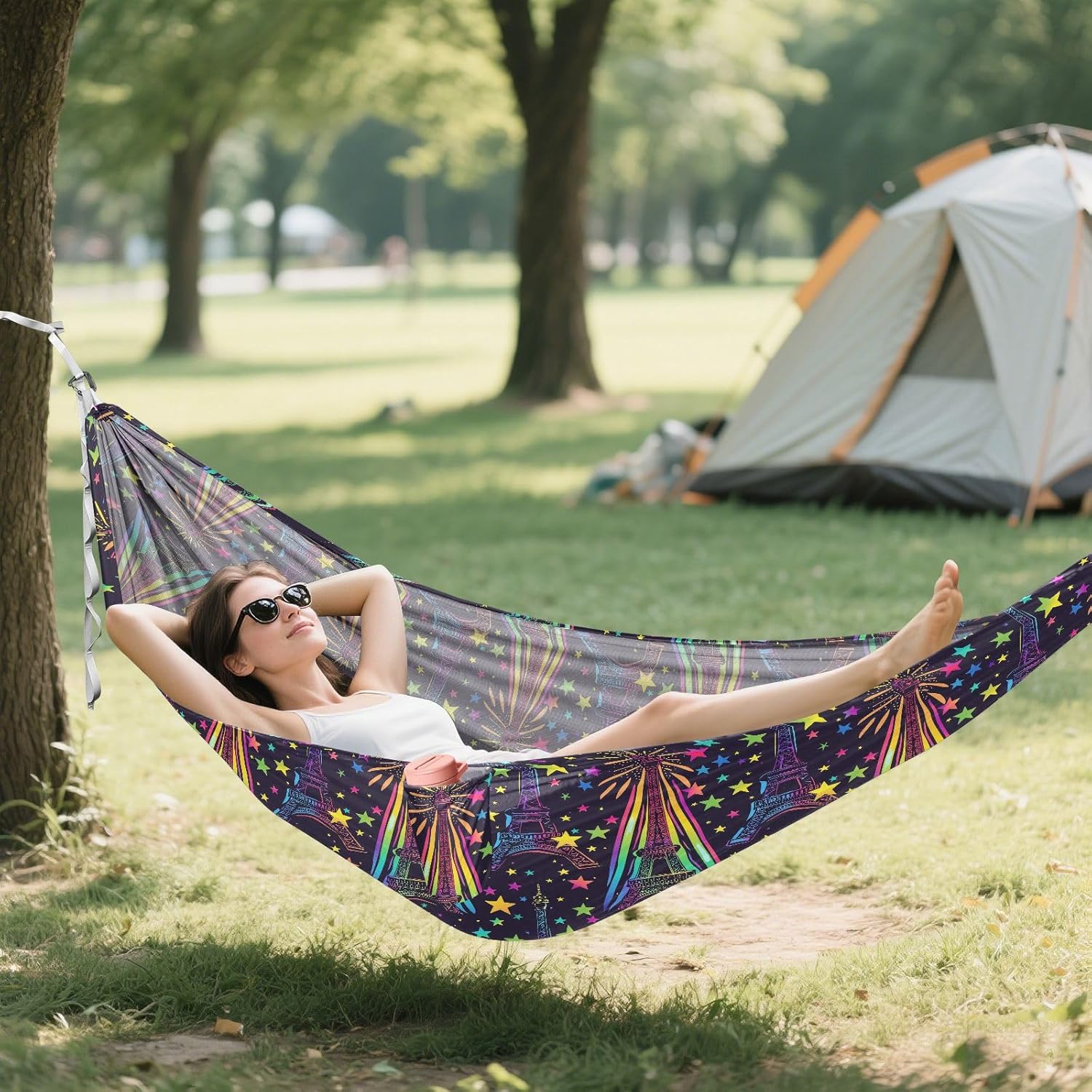 ALAZA Rainbow Eiffel Tower Stars Camping Hammocks Single or 2 Person 500 lbs Portable Parachute Travel Hammock w/Tree Straps for Hiking Backpacking Indoor Outdoor