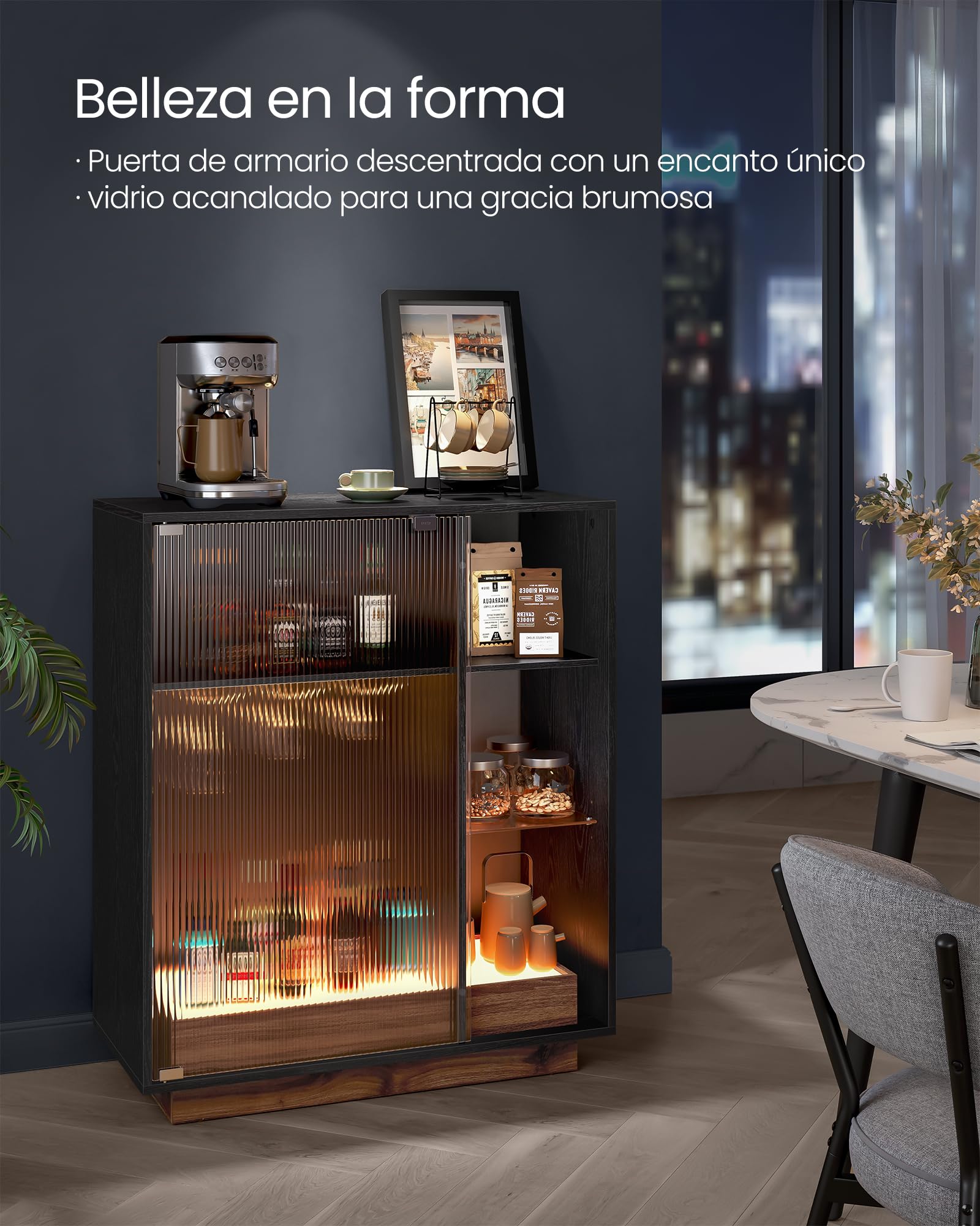 VASAGLE Aparador, Armario Bar Vino con Luces LED, con Almacenaje para Vino, Bar Café Licor, con Portavasos, Puerta de Vidrio Acanalado, para Sala de Estar, Negro Ébano BBK361B21