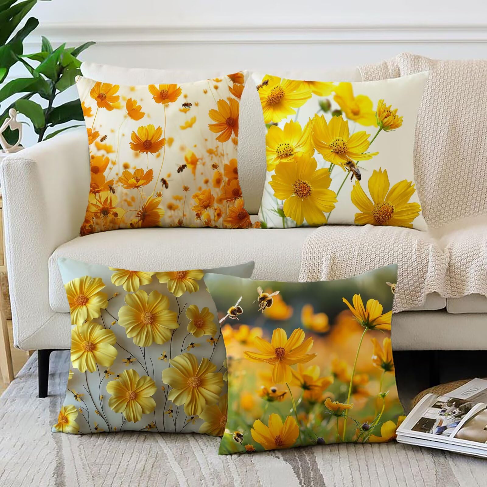 Flor Fundas de Cojines 65x65cm Juego de 4, Amarillo Funda Cojines Cama Decorativos para Sofa Exterior Impermeable Lino Almohada Decorativa , Silla Cama Sala de Estar Hogar Jardín Juego Dormitorio 91-S