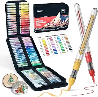 JusArt Acrylic Marker Pens, Set of 48 Colors, Water-based, Glitter, Bold Point, Acrylic Paints, Large Capacity, Illustration, Writing on Cloth, Glass, Plastic, Stone, Wood, Pottery, Metal, Color