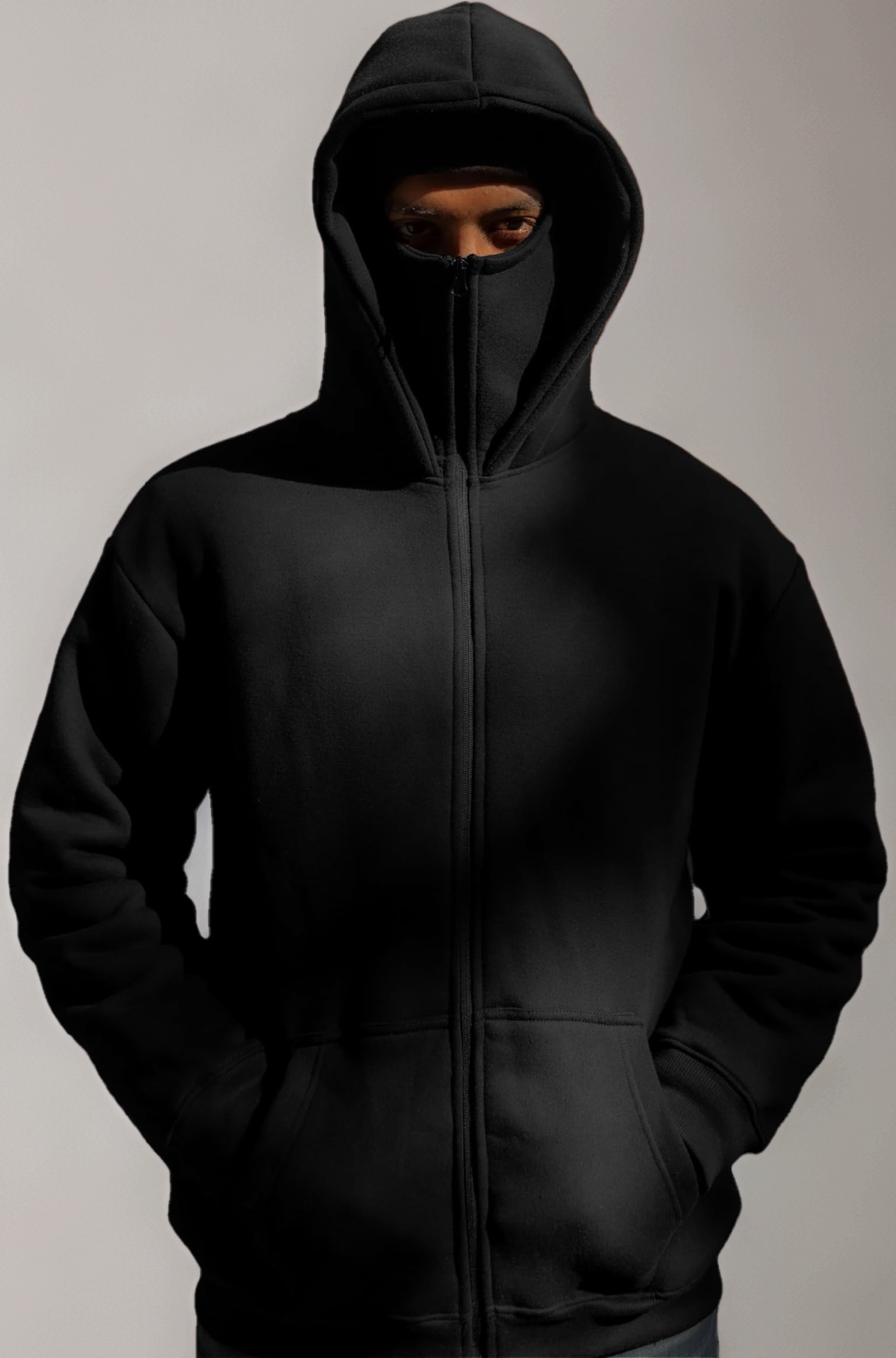 Plain Cotton Hooded Neck with Mask Stylish Balaclava Black Zipper Hoodie