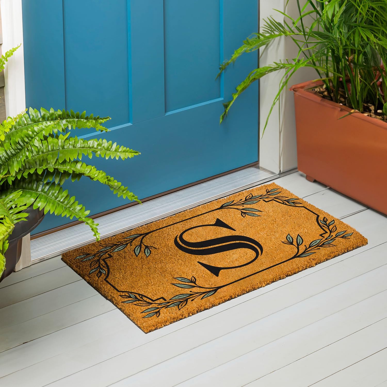 Evergreen Flag Monogram Coir Doormat | Letter S | Front Door Mat for Outdoor Indoor Entrance | 28x16 Inches | Non-Slip Backing Doorway Mat for Porch Patio Floor | New Home Decor Housewarming Gift